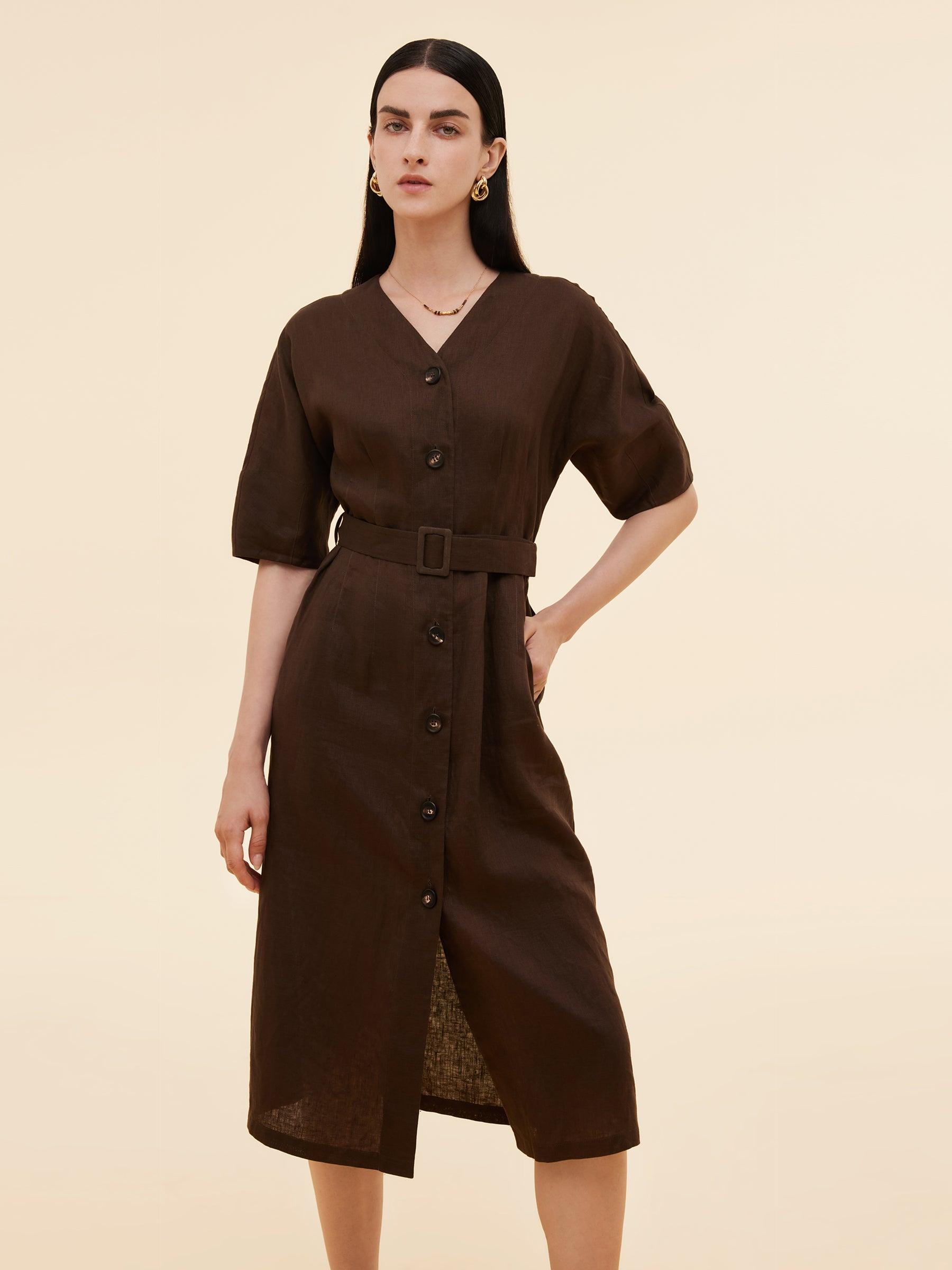 100% Linen Women V-Neck Midi Dress With Belt Product Image