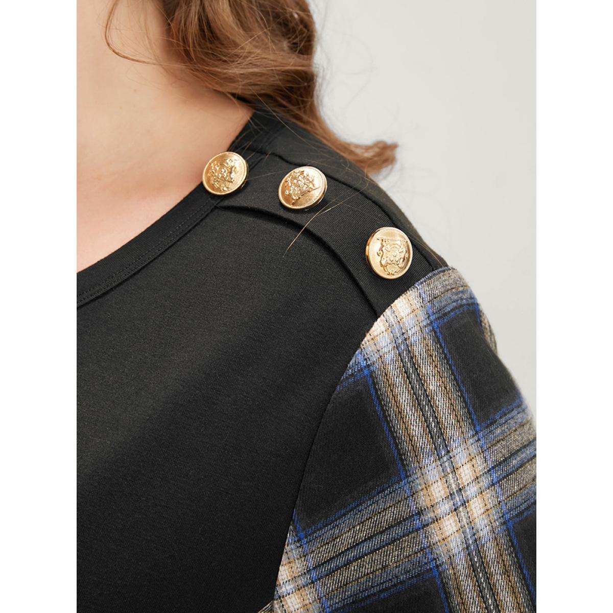 Plus Size Tartan Patchwork Button Detail Round Neck Sweatshirt Women Black Casual Contrast Round Neck Dailywear Sweatshirts BloomChic 30/6X Product Image