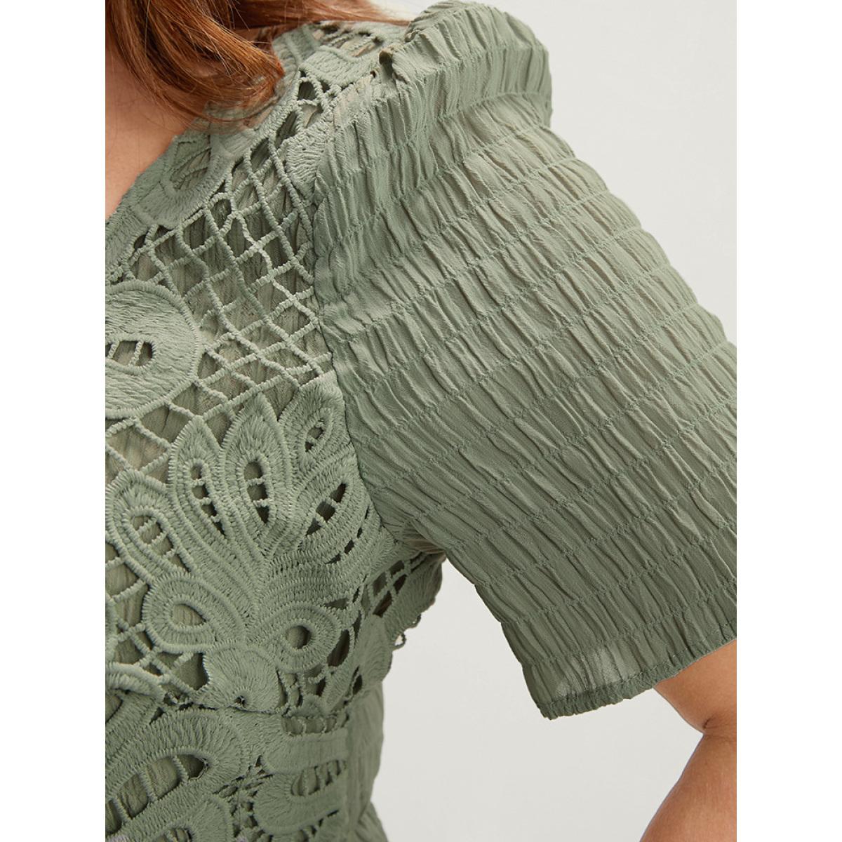 Plus Size Solid Square Neck Pocket Lace Ruffles Hem Dress Mint Women Elegant Elastic Waist Square Neck Short sleeve Curvy Midi Dress BloomChic 22-24/3X Product Image