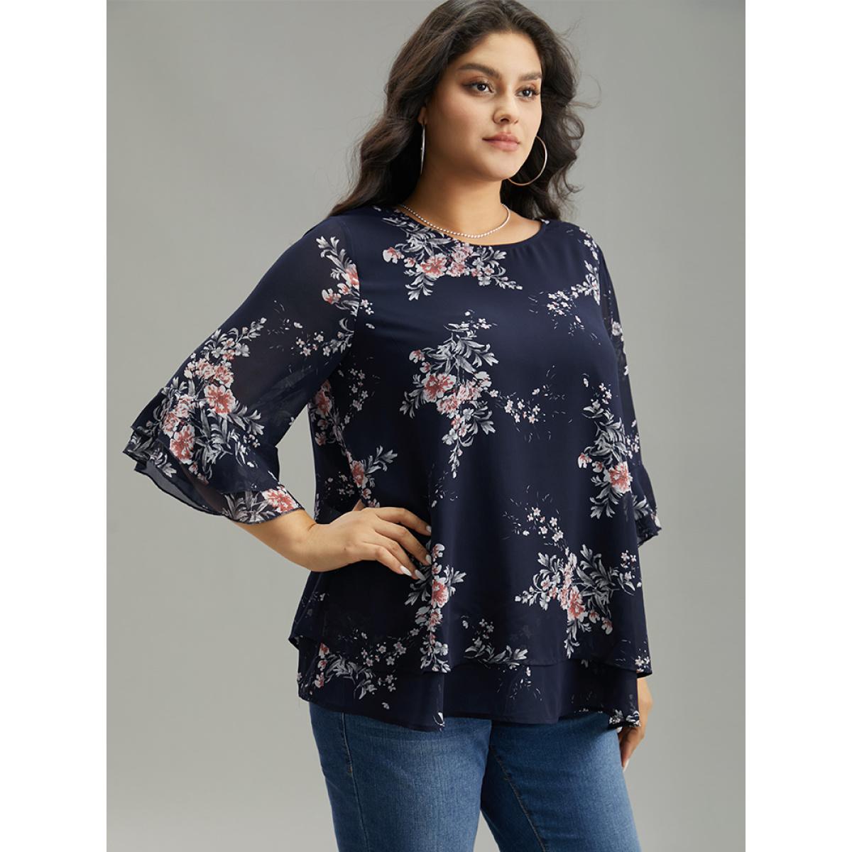 Plus Size Indigo Floral Chiffon Ruffle Sleeve Mesh Patchwork Blouse Women Elegant Elbow-length sleeve Round Neck Everyday Blouses BloomChic 10/M Product Image
