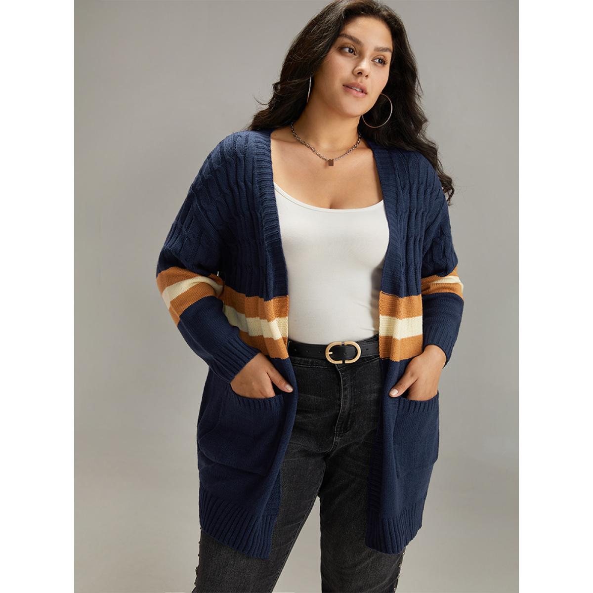 Plus Size Cable Knit Colorblock Contrast Open Front Cardigan Multicolor Women Casual Loose Long Sleeve Dailywear Cardigans BloomChic 28/5X Product Image