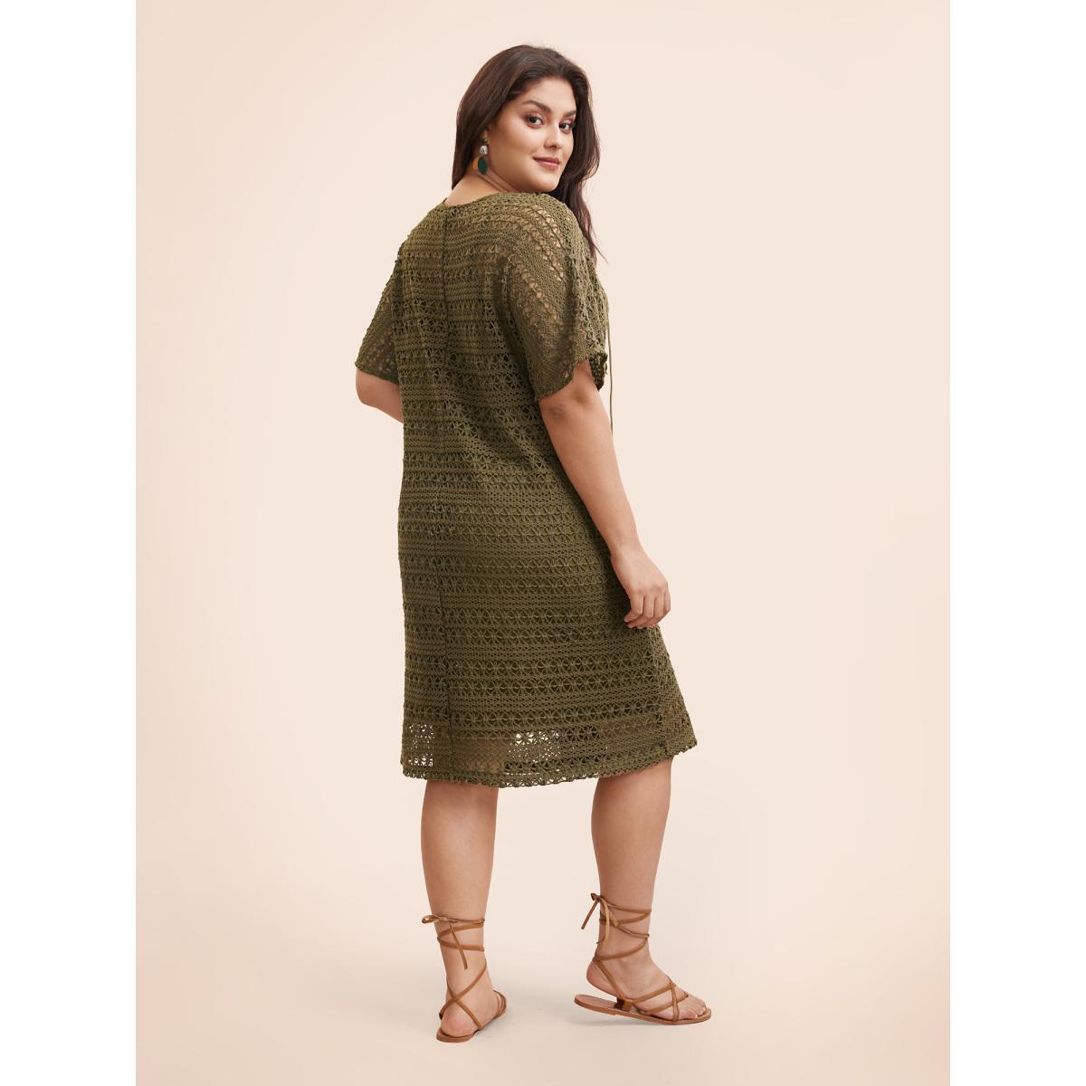 Plus Size Crocheted Lace Up Dolman Sleeve Tiered Dress ArmyGreen Women Casual Texture V-neck Half Sleeve Curvy BloomChic 12/L Product Image