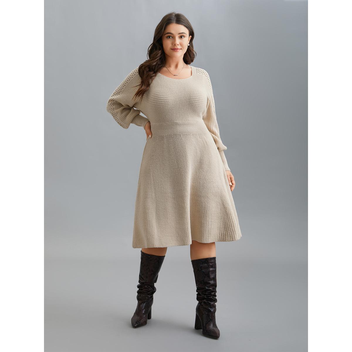 Plus Size Solid Dolman Sleeve Cable Knit Dress Apricot Women Elegant Bodycon Long Sleeve Everyday Sweater Dresses BloomChic 18-20/2X Product Image