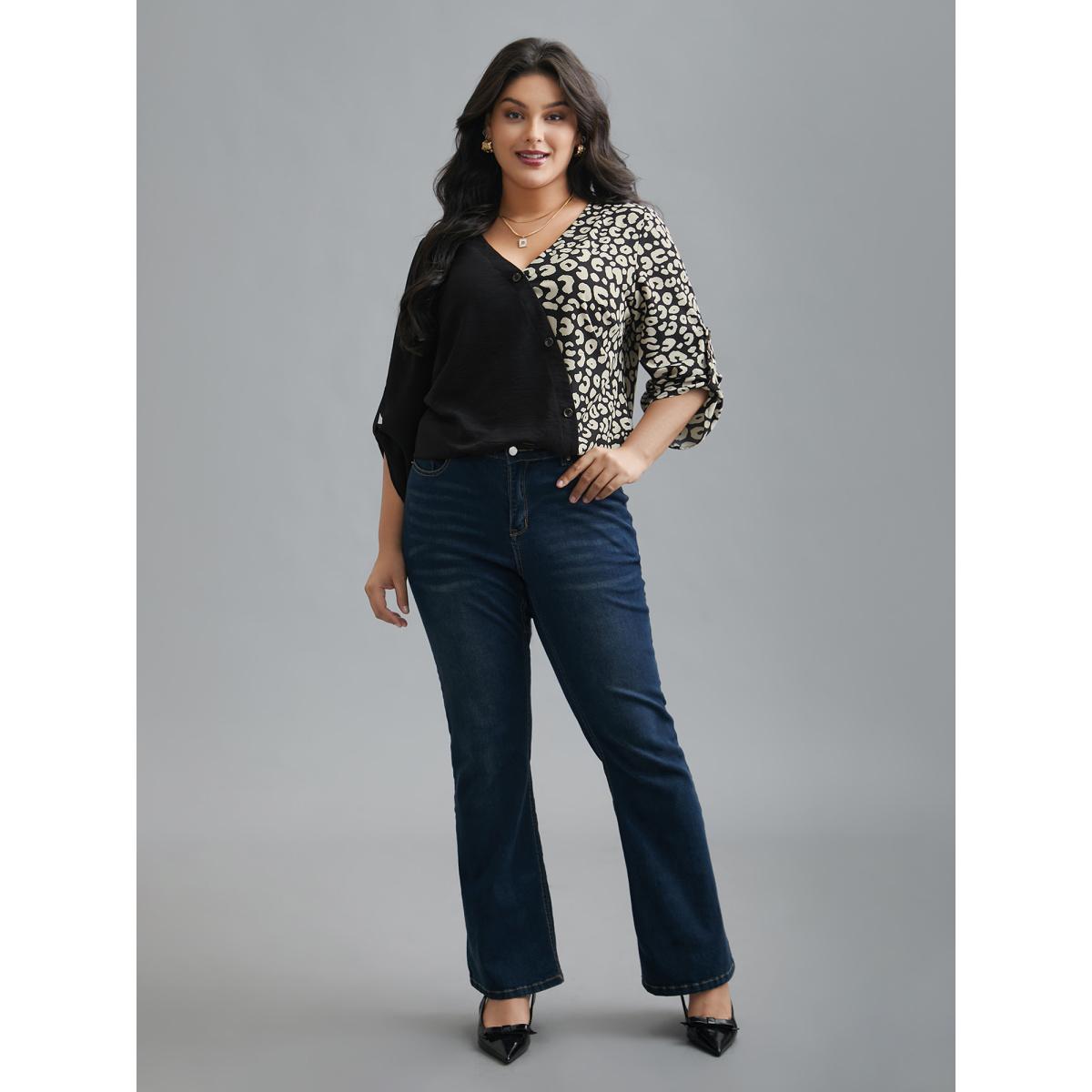 Plus Size Black Leopard Print Spliced Tab Sleeve Blouse Women Elegant Extra Long Sleeve V-neck Everyday Blouses BloomChic 22-24/3X Product Image
