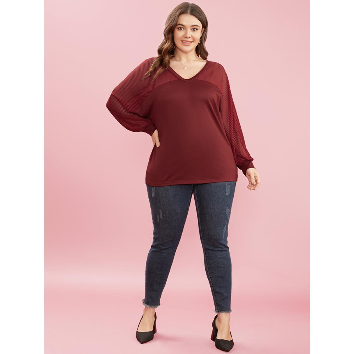 Plus Size Striped Mesh Patchwork Dolman Sleeve V Neck Long Tee Scarlet Women Elegant See through Plain Round Neck Dailywear T-shirts BloomChic 10/M Product Image