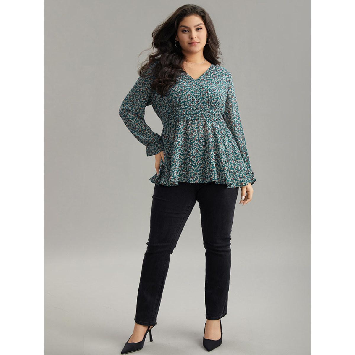 Plus Size DarkGreen Chiffon Ditsy Floral Elastic Waist Ruffle Hem Blouse Women Elegant Long Sleeve V-neck Everyday Blouses BloomChic 28/5X Product Image