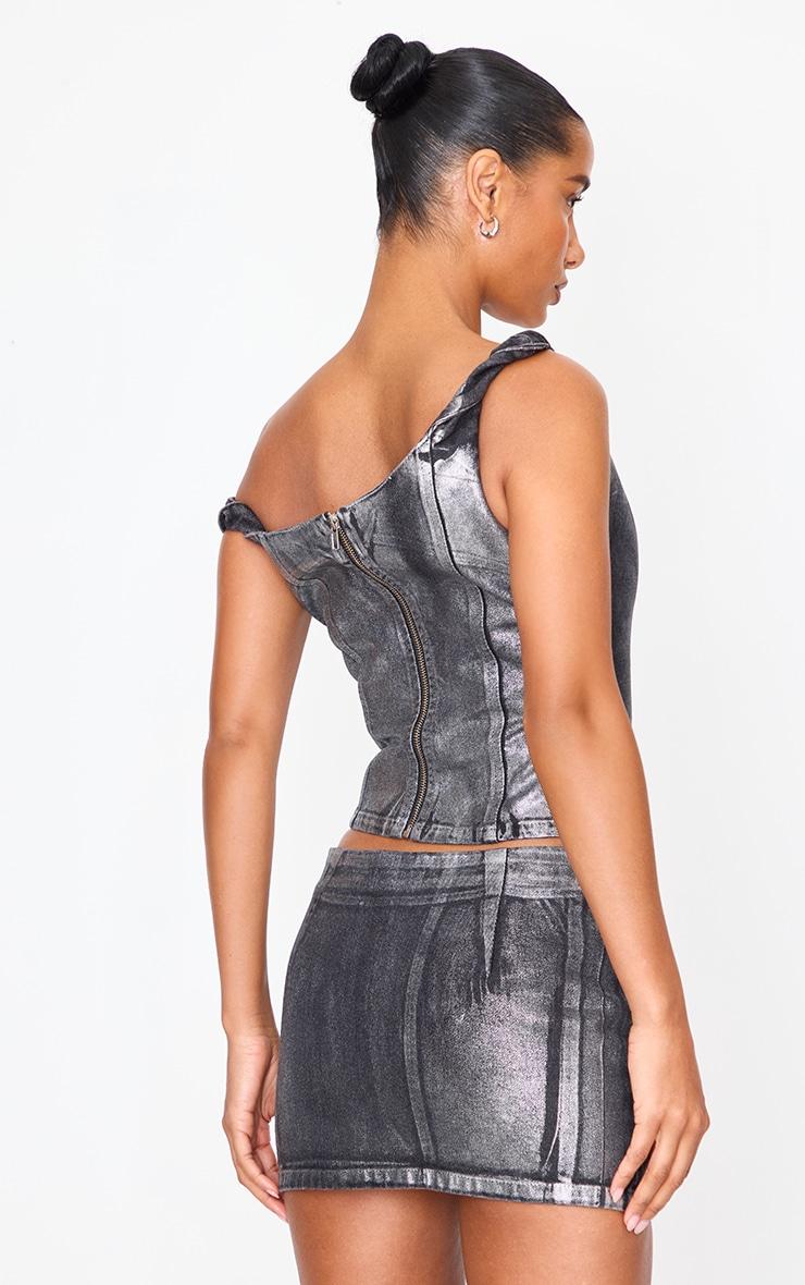 Black Silver Metallic Foil Effect One Shoulder Denim Top Product Image