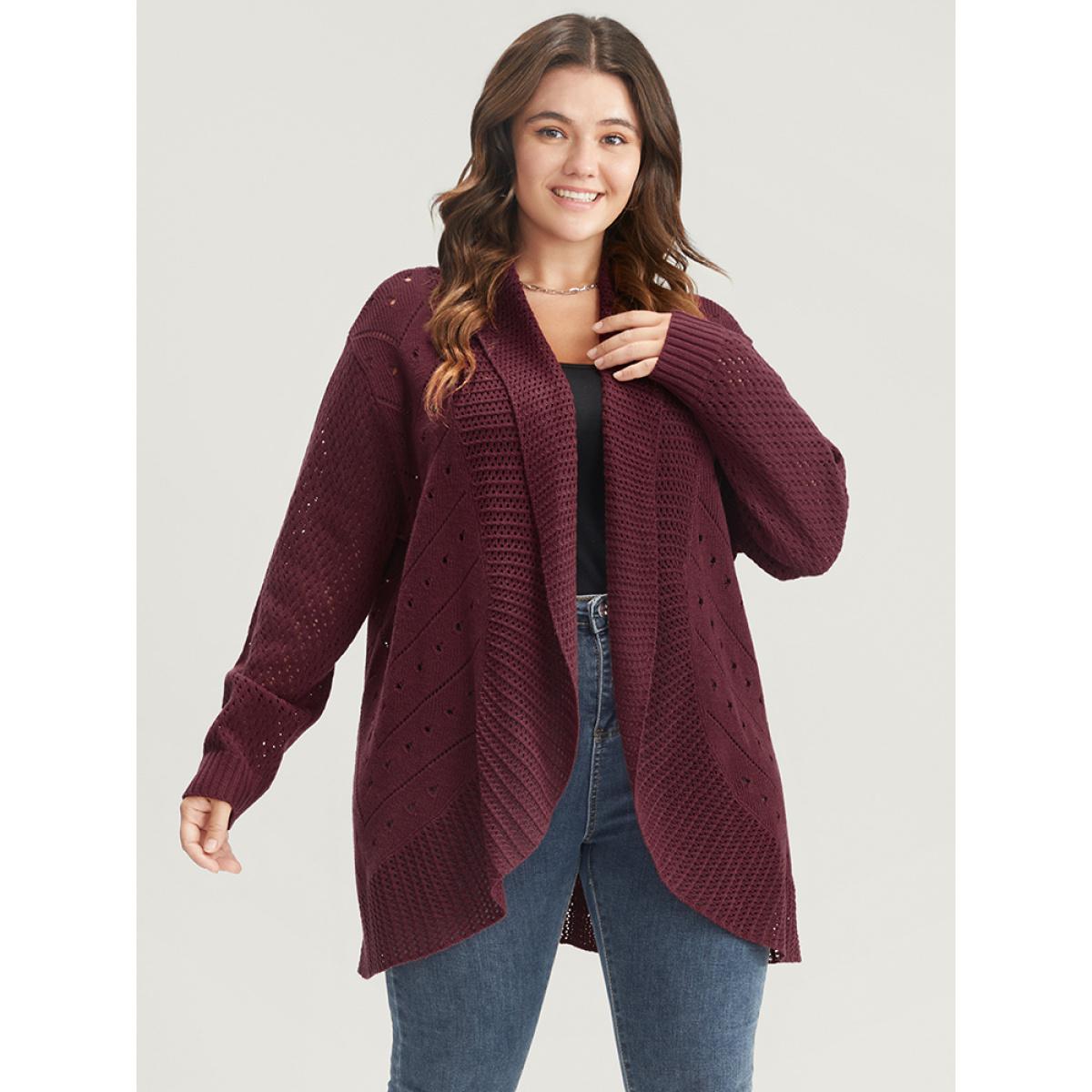Plus Size Solid Pointelle Knit Lapel Collar Geometric Crochet Open Front Cardigan Burgundy Women Elegant Loose Long Sleeve Dailywear Cardigans BloomChic 12/L Product Image