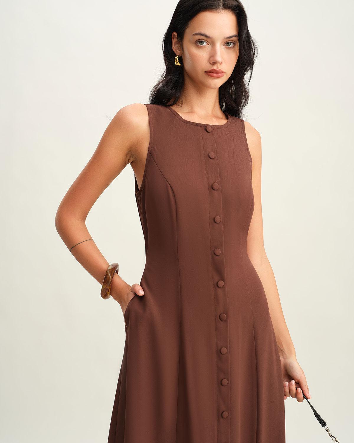 Brown Round Neck Button Sleeveless Maxi Dress Product Image