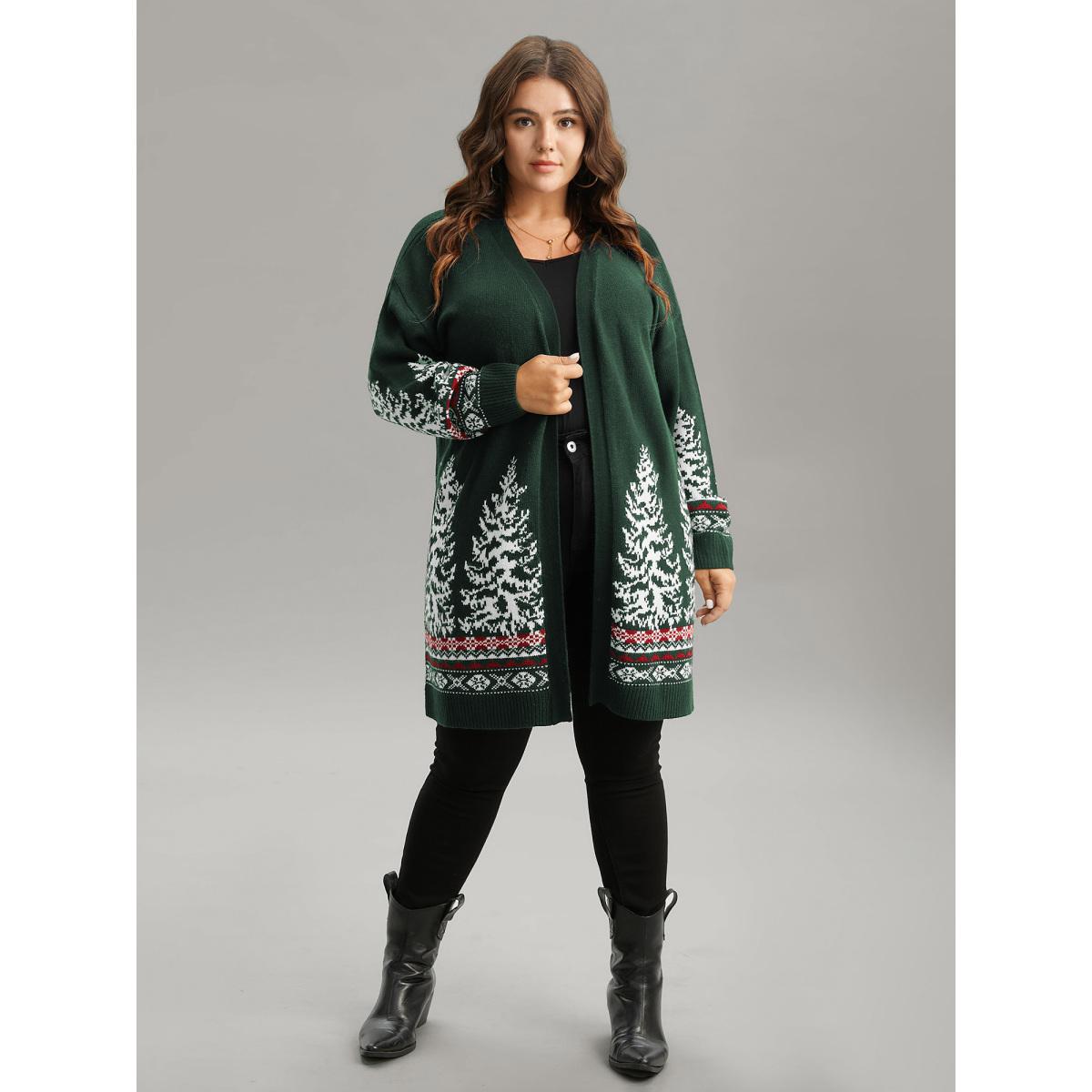 Plus Size Christmas Trees Contrast Cardigan DarkGreen Women Casual Loose Long Sleeve Festival-Christmas Cardigans BloomChic 12/L Product Image