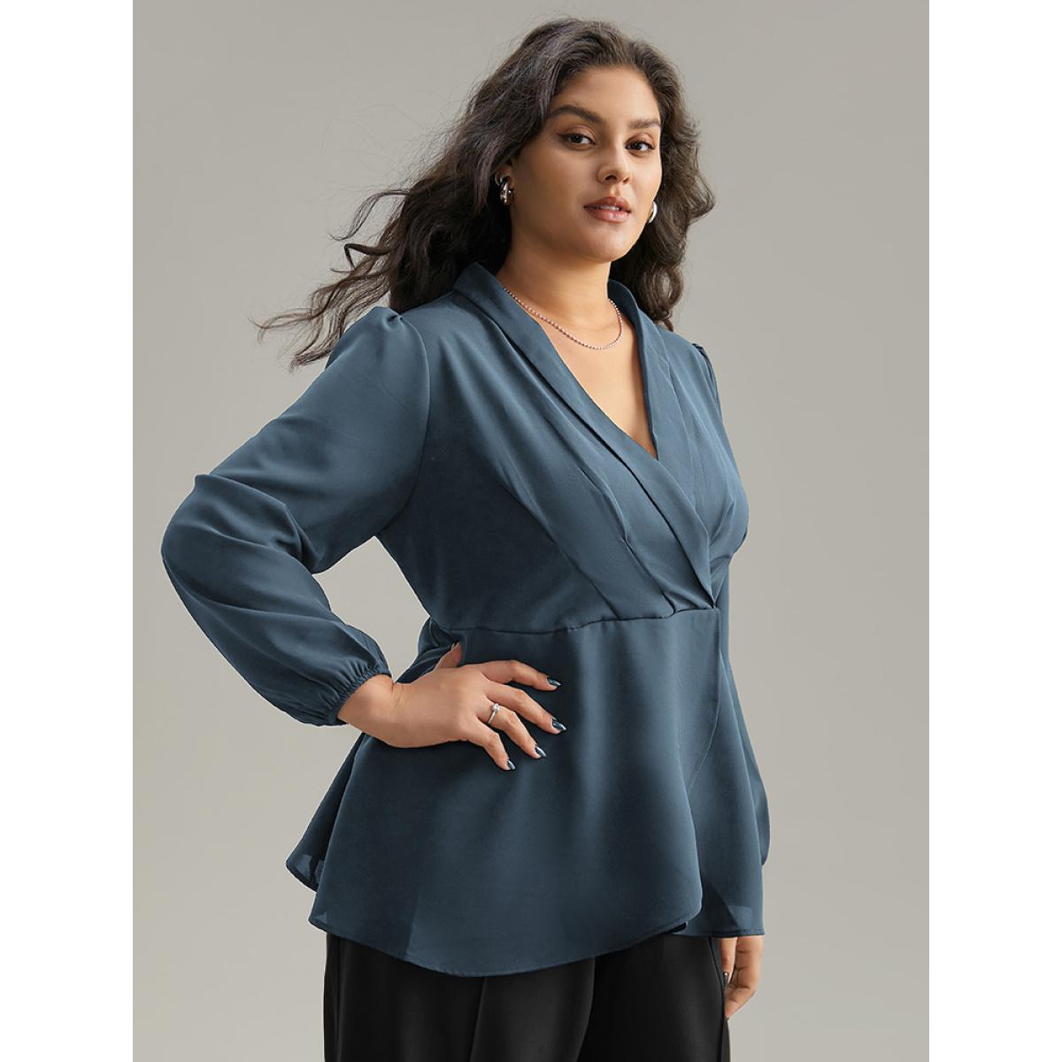 Plus Size Stone Static-Free Plain Pleated Wrap Blouse Women Office Long Sleeve V-neck Dailywear Blouses BloomChic 14-16/1X Product Image