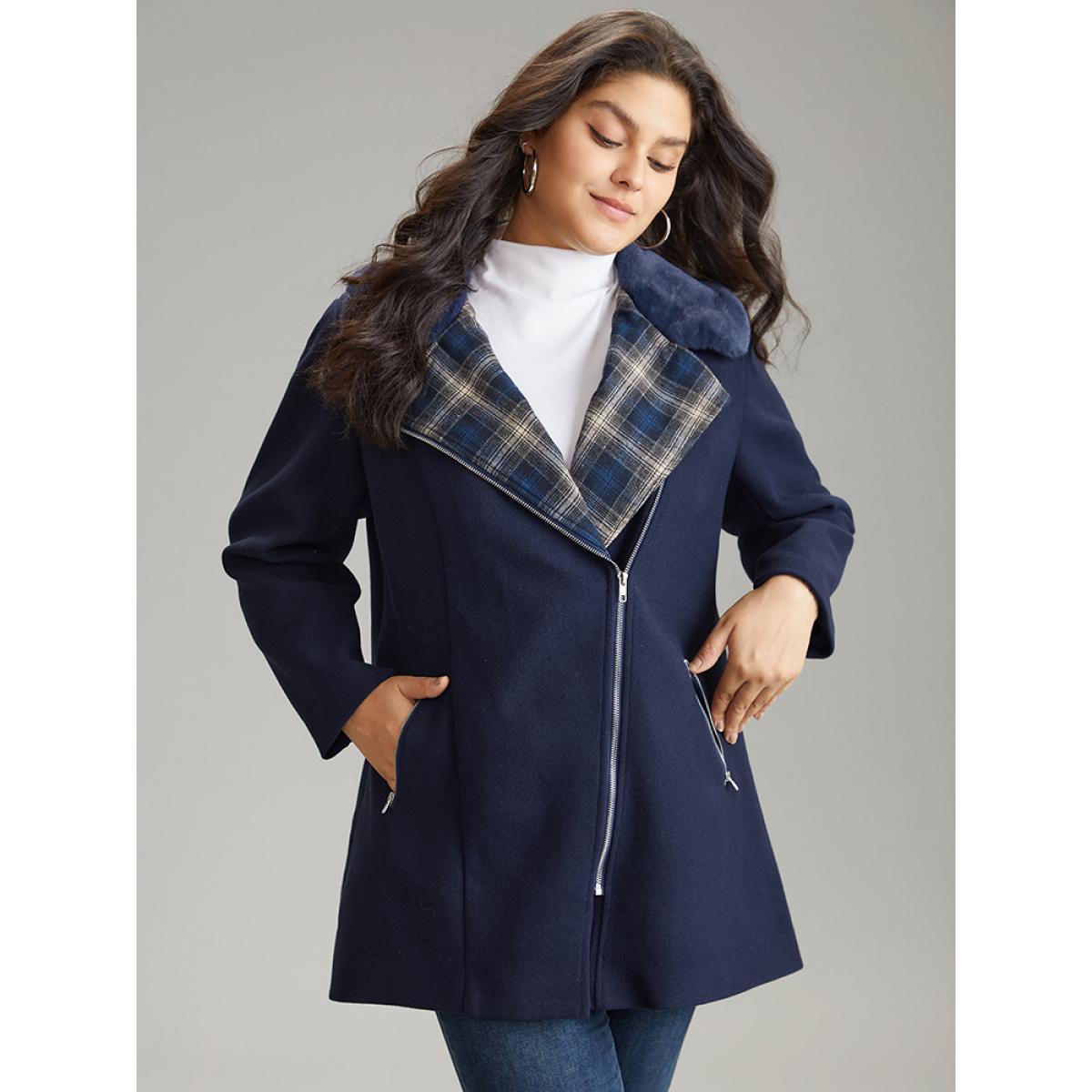 Plus Size Plaid Asymmetrical Lapel Collar Patchwork Fuzzy Trim Coat Women Indigo Casual Lined Ladies Dailywear Winter Coats BloomChic 14-16/1X Product Image