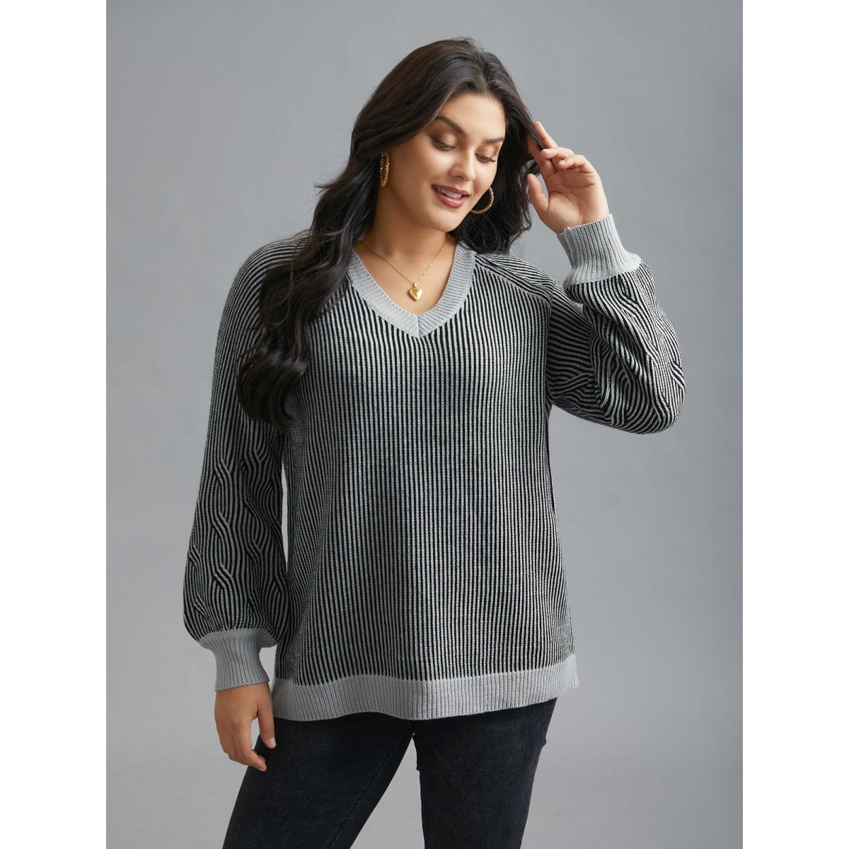 Plus Size Cable Knit V-Neck Raglan Sleeve Pullover LightGray Women Leisure Loose Long Sleeve V-neck Casual Pullovers BloomChic 22-24/3X Product Image
