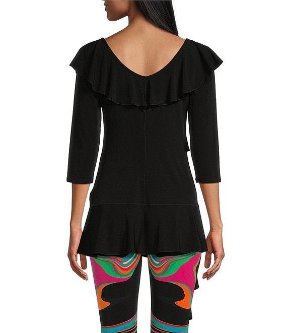 Eva Varro Knit Jersey V-Neck 3/4 Sleeve Asymmetric Ruffled Tunic Product Image