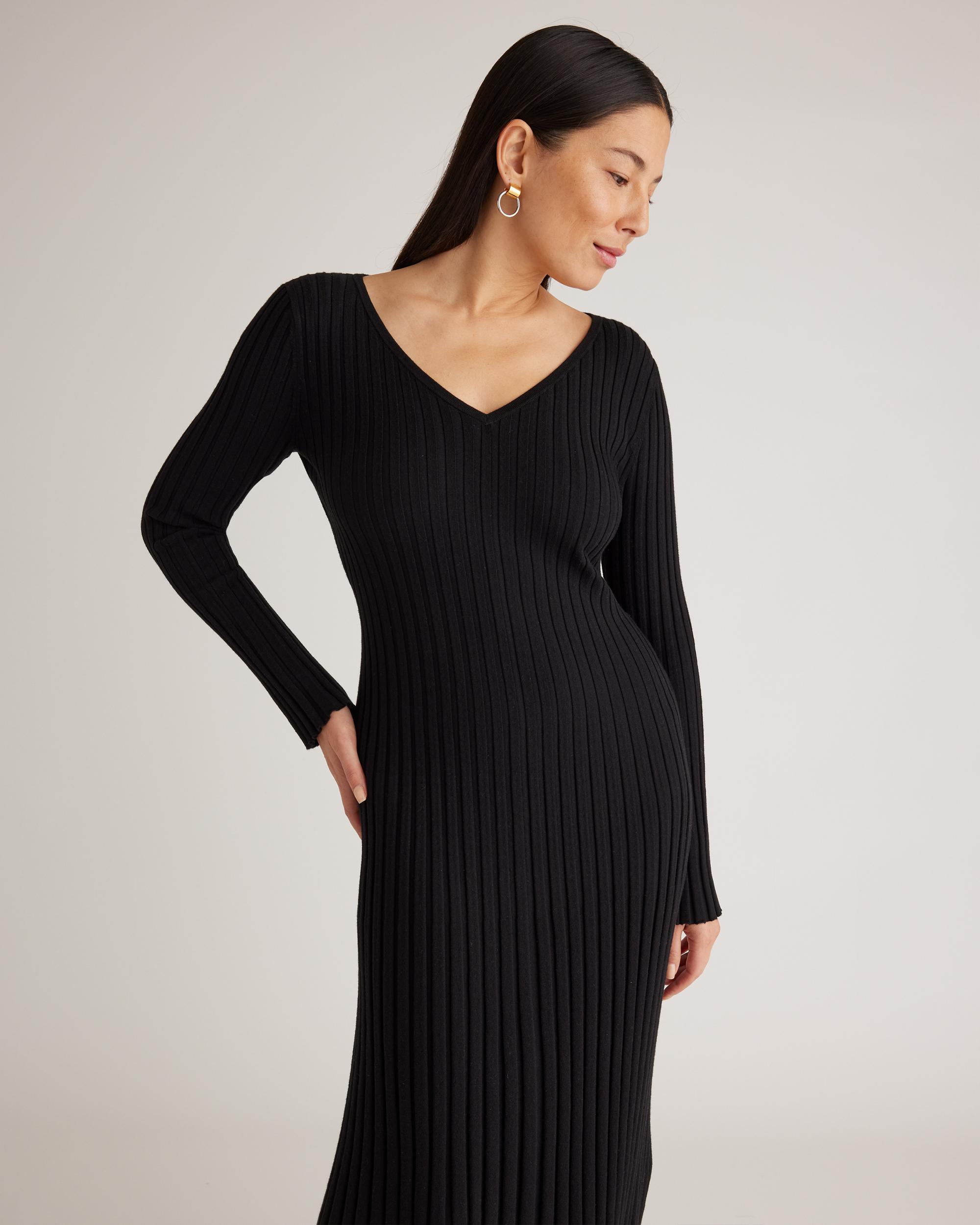 Quince | Women's Cotton Cashmere Ribbed Long Sleeve V-Neck Midi Dress Product Image
