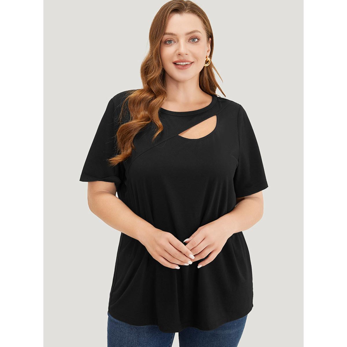 Plus Size Solid Cut Out Crew Neck T-shirt Black Women Elegant Cut-Out Plain Round Neck Dailywear T-shirts BloomChic 18-20/2X Product Image