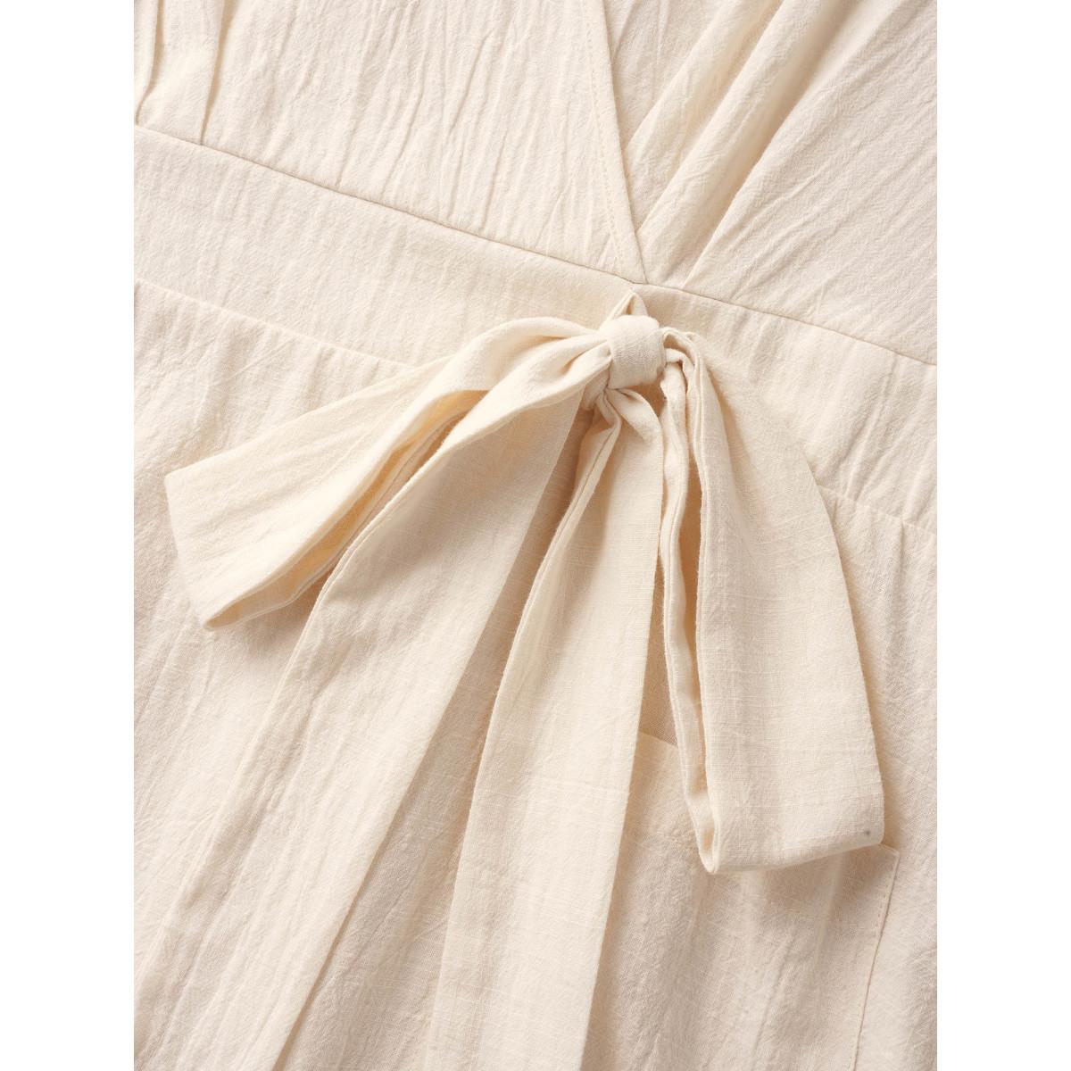 Plus Size Cotton Linen Cuffed Sleeve Tie Knot Midi Dress Champagne Women Casual Tie knot Overlap Collar Short sleeve Curvy BloomChic 28/5X Product Image