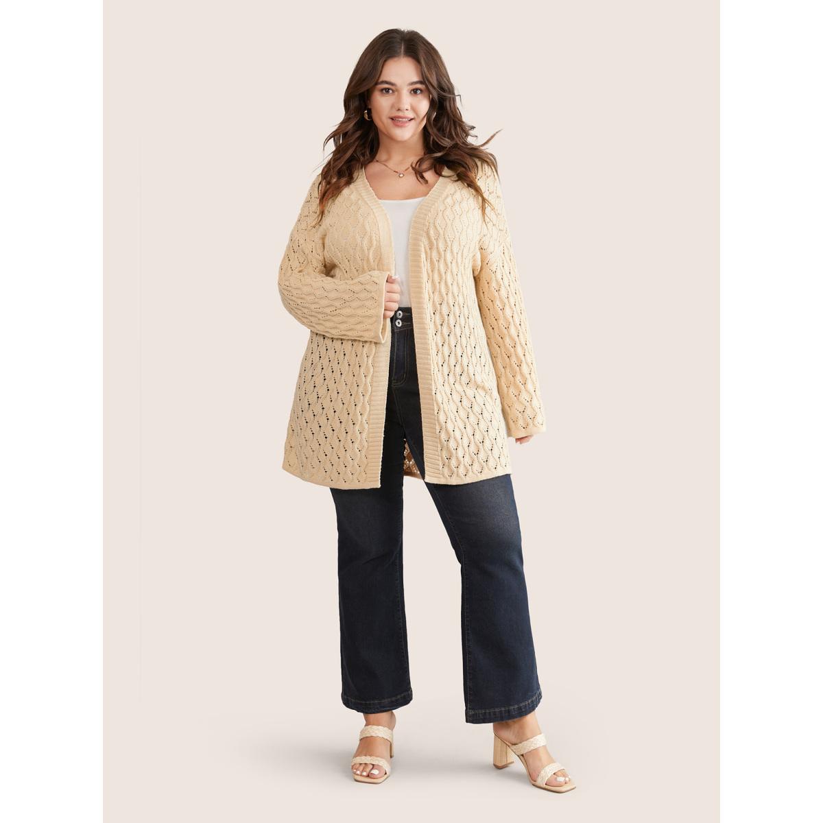 Plus Size Plain Hollow Out Drop Shoulder Cable Knit Cardigan Apricot Women Casual Long Sleeve Everyday Cardigans BloomChic 14-16/1X Product Image