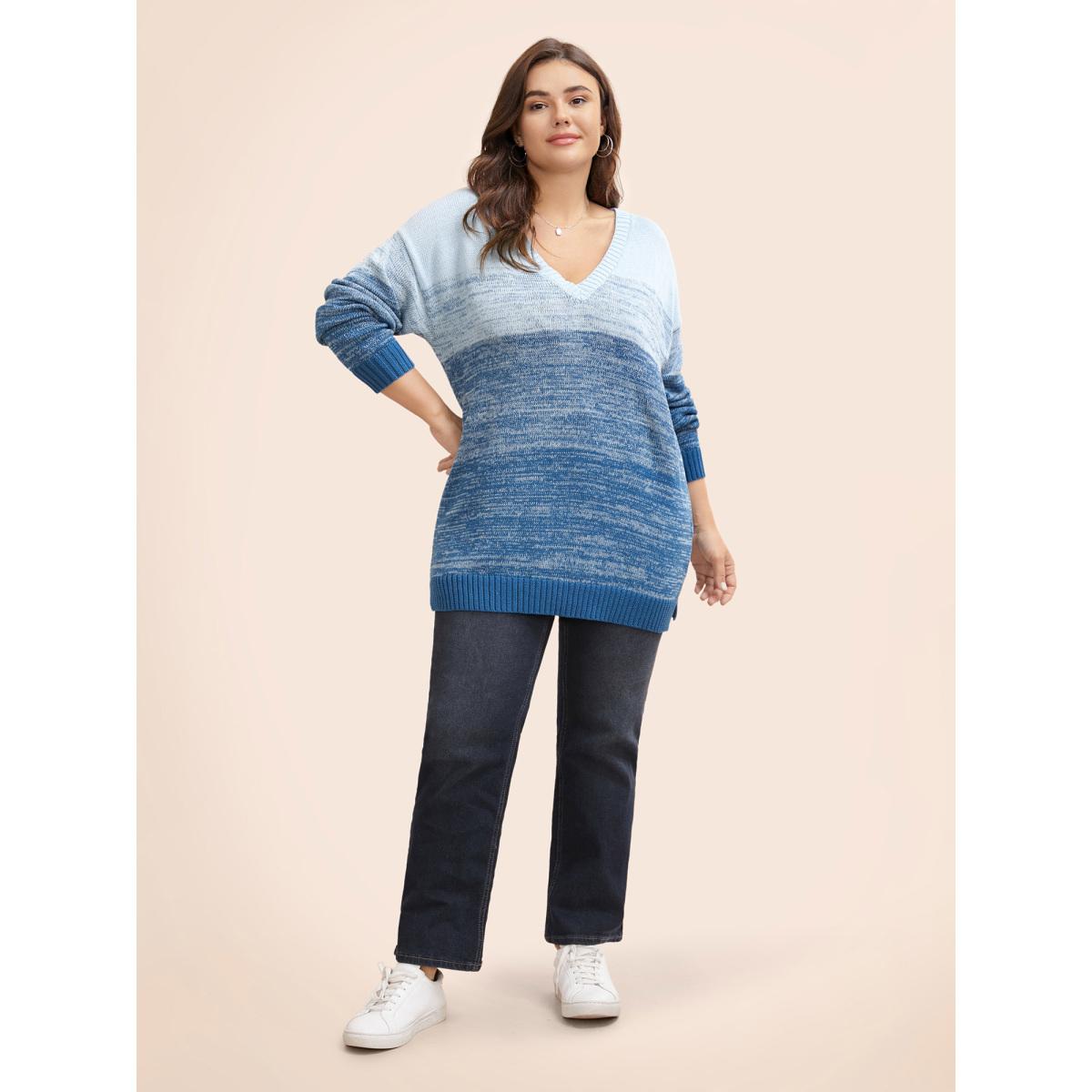 Plus Size Cotton V Neck Ombre Split Hem Pullover LightBlue Women Casual Long Sleeve V-neck Everyday Pullovers BloomChic 18-20/2X Product Image
