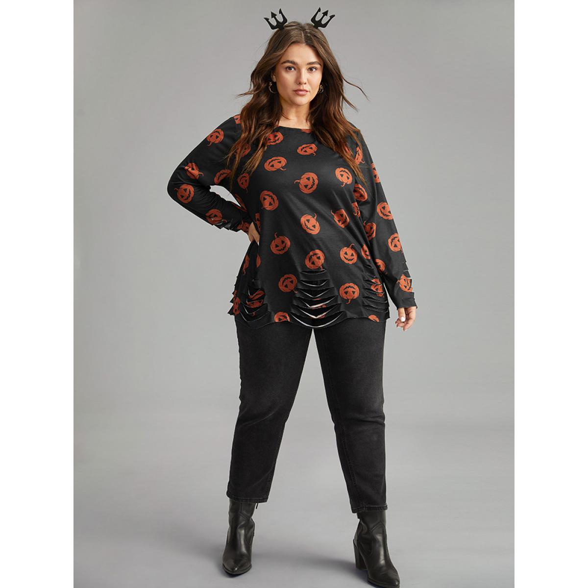 Plus Size Halloween Pumpkin Print Distressed T-shirt Black Women Casual Printed Graphic-Halloween Round Neck Festival-Halloween T-shirts BloomChic 26/4X Product Image