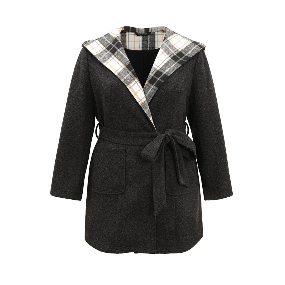 Plus Size Plaid Hooded Belted Bowknot Tunic Coat Women DimGray Casual Lined Ladies Dailywear Winter Coats BloomChic 10/M Product Image