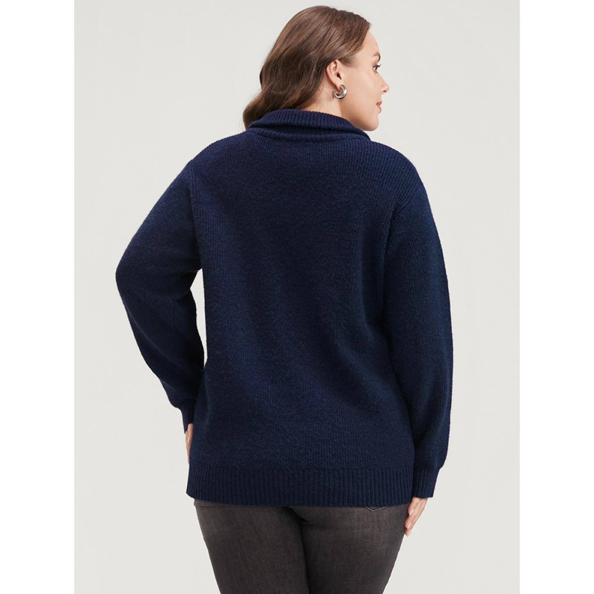 Plus Size Solid Super Soft Plush Knit Zip Neck Knit Top DarkBlue Women Casual Loose Long Sleeve Lapel Collar Dailywear Pullovers BloomChic 18-20/2X Product Image