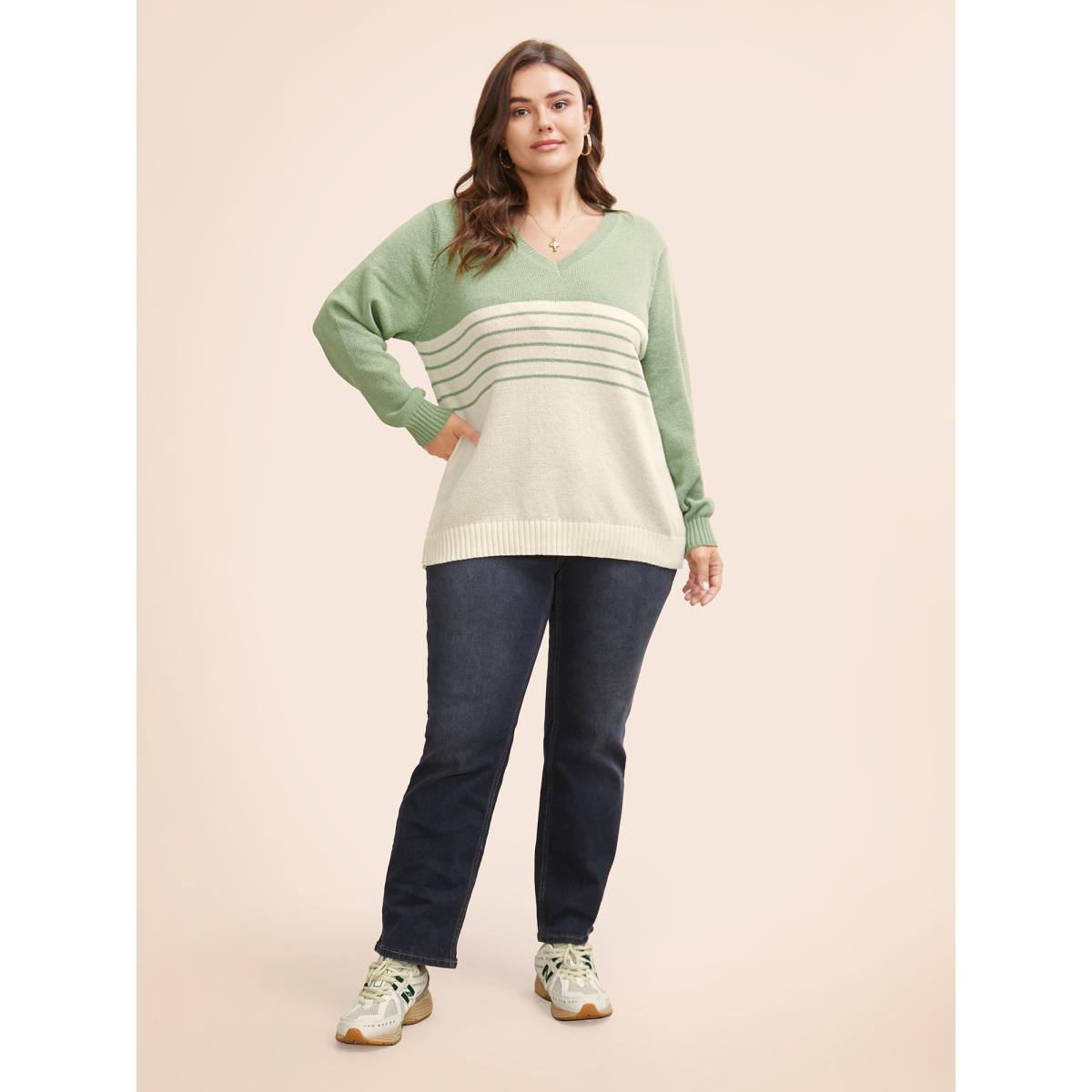 Plus Size V Neck Striped Patchwork Pullover LightGreen Women Casual Long Sleeve V-neck Everyday Pullovers BloomChic 14-16/1X Product Image