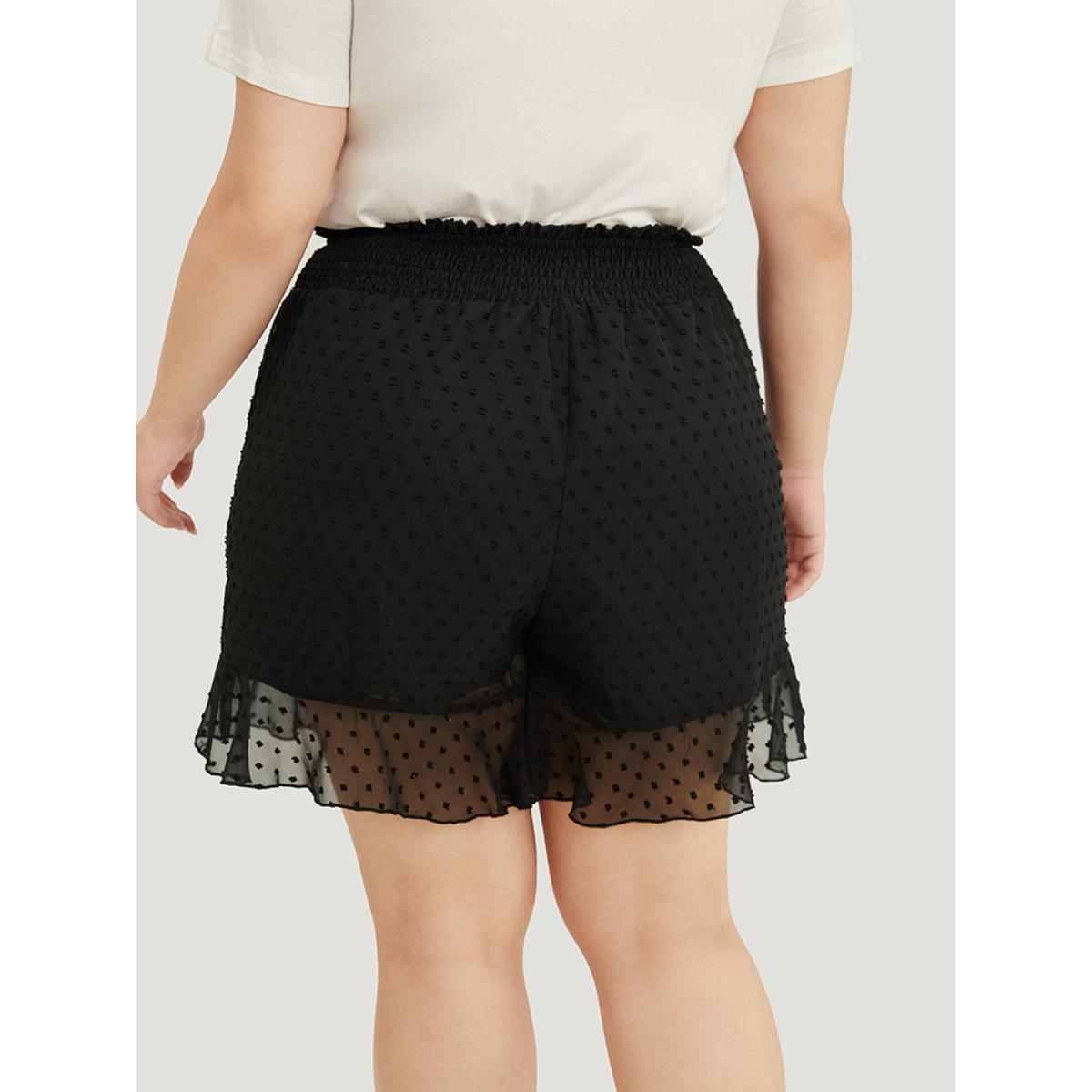 Plus Size Polka Dot Shirred Knot Mesh Pocket Ruffle Shorts Women Black Elegant See through Dailywear Shorts BloomChic 14-16/1X Product Image