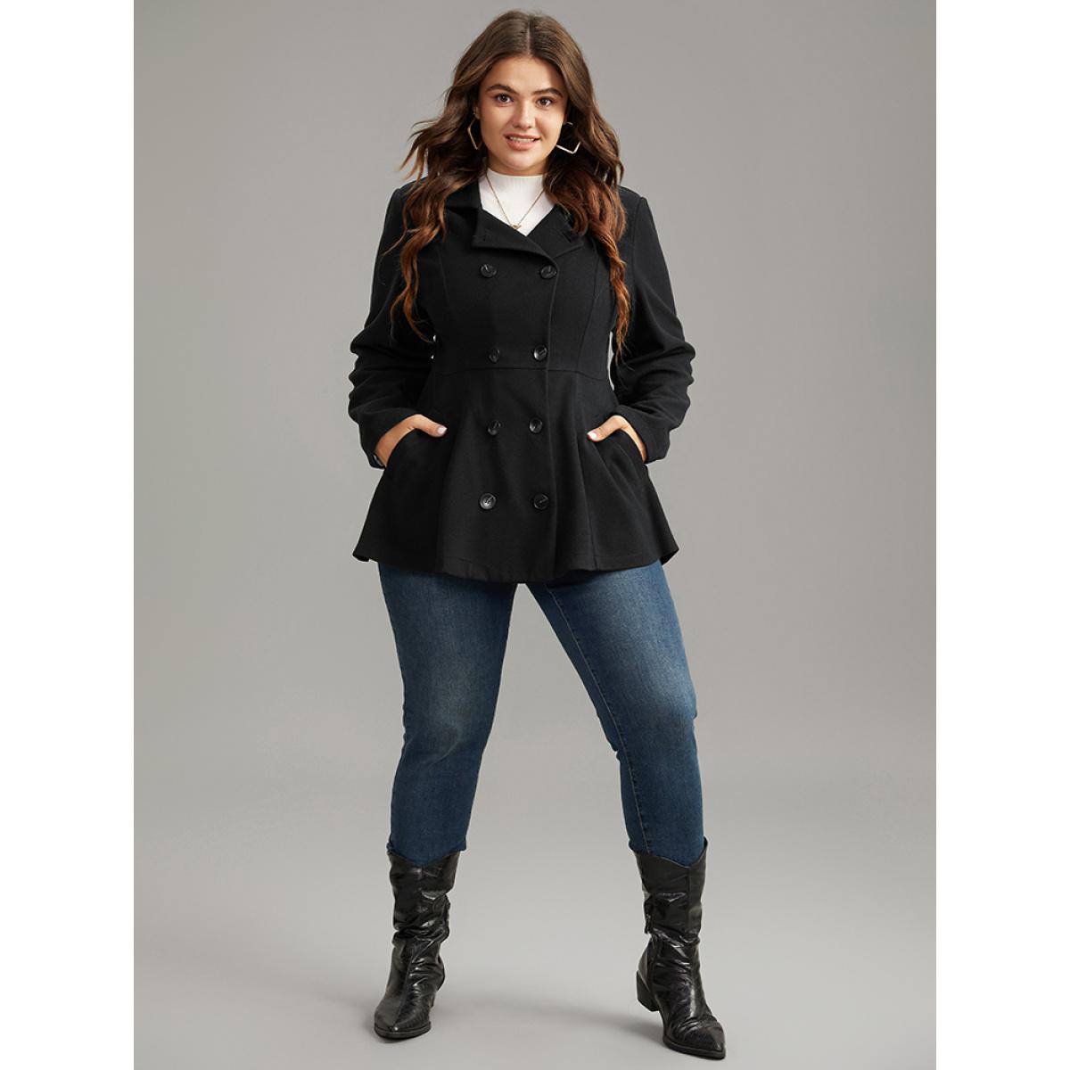 Plus Size Lapel Collar Double Breasted Blazer Black Women Dailywear Plain Plain Sleeve Long Sleeve Lapel Collar 12/L Pocket Casual Blazers BloomChic Product Image