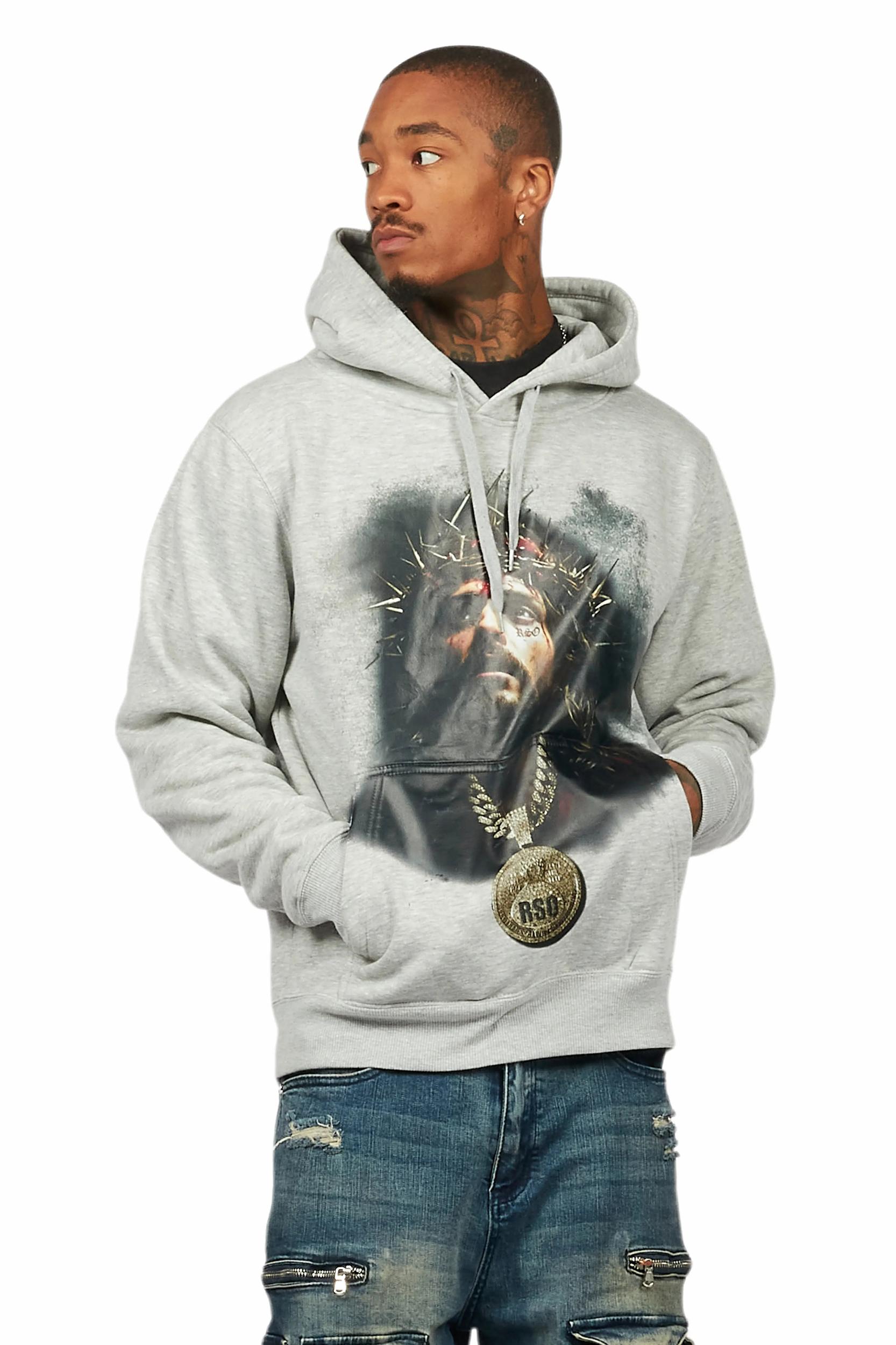 Amina Heather Grey Distressed Graphic Hoodie Male Product Image