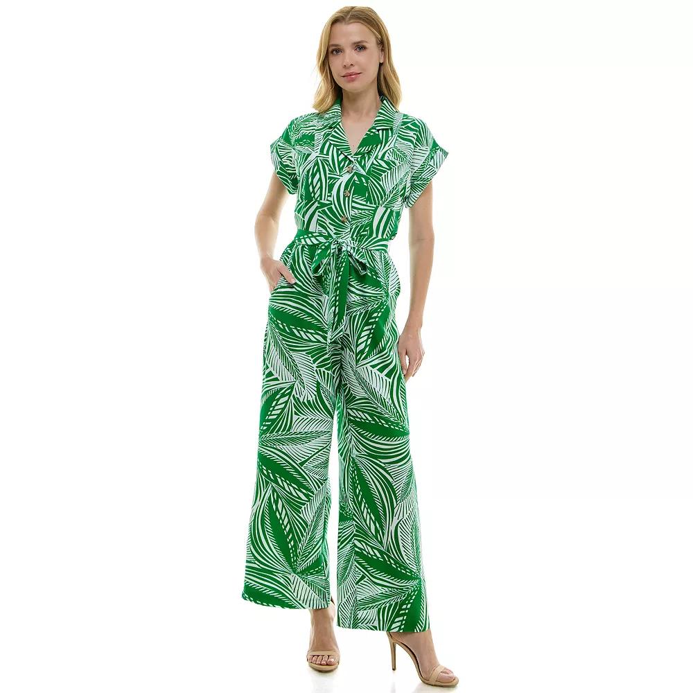 Women's Luxology Tie-Waist Front Pocket Jumpsuit, Size: Large, Green Cream Product Image