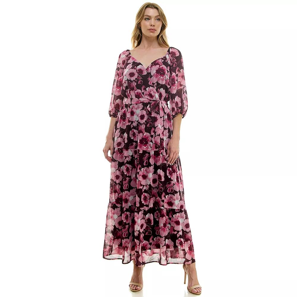 Women's Luxology Elbow Sleeve Tiered Maxi Dress, Size: XL, Wine Mauve Ivory Product Image