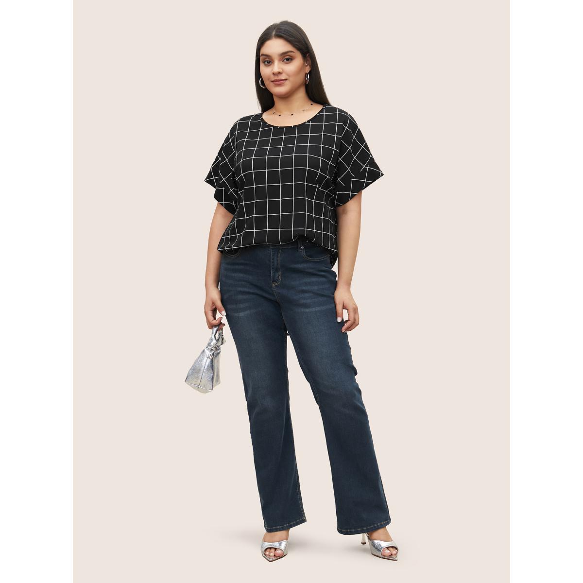 Plus Size Plaid Round Neck Batwing Sleeve T-shirt Black Women Work From Home Round Neck Work T-shirts BloomChic 12/L Product Image