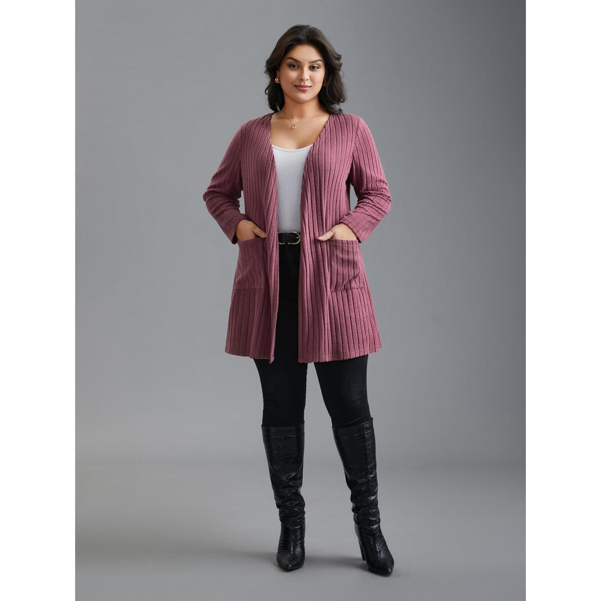 Plus Size Pit Strip Knit Open Front Cardigan Women Beanpastepowder Texture Loose Patch pocket Everyday Jackets BloomChic 26/4X Product Image