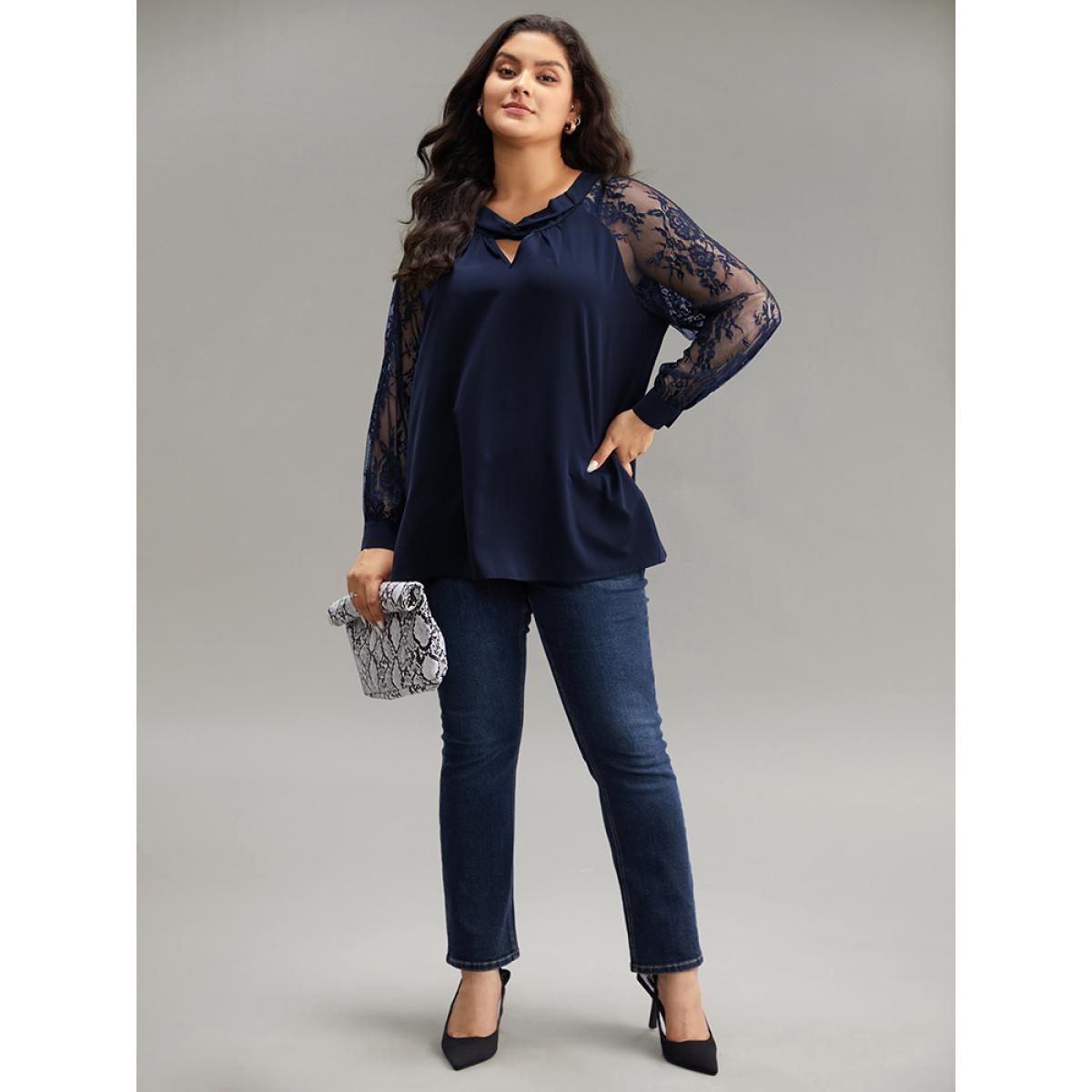 Plus Size Indigo Anti-Wrinkle Crochet Lace Mesh Keyhole Blouse Women Office Long Sleeve Keyhole Cut-Out Office Blouses BloomChic 22-24/3X Product Image