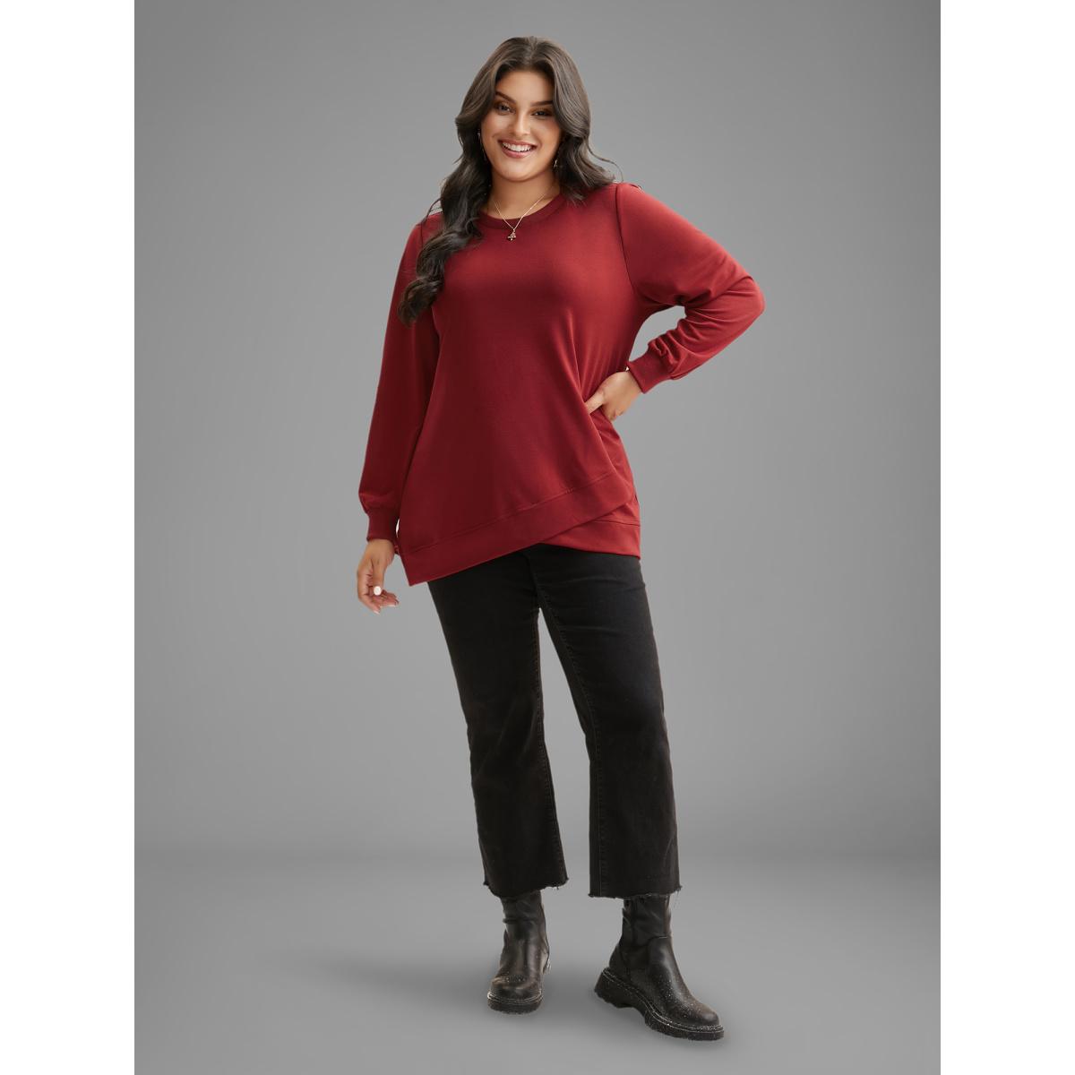 Plus Size Overlapping Hem Round Neck Sweatshirt Women Burgundy Casual Overlapping Round Neck Everyday Sweatshirts BloomChic 30/6X Product Image