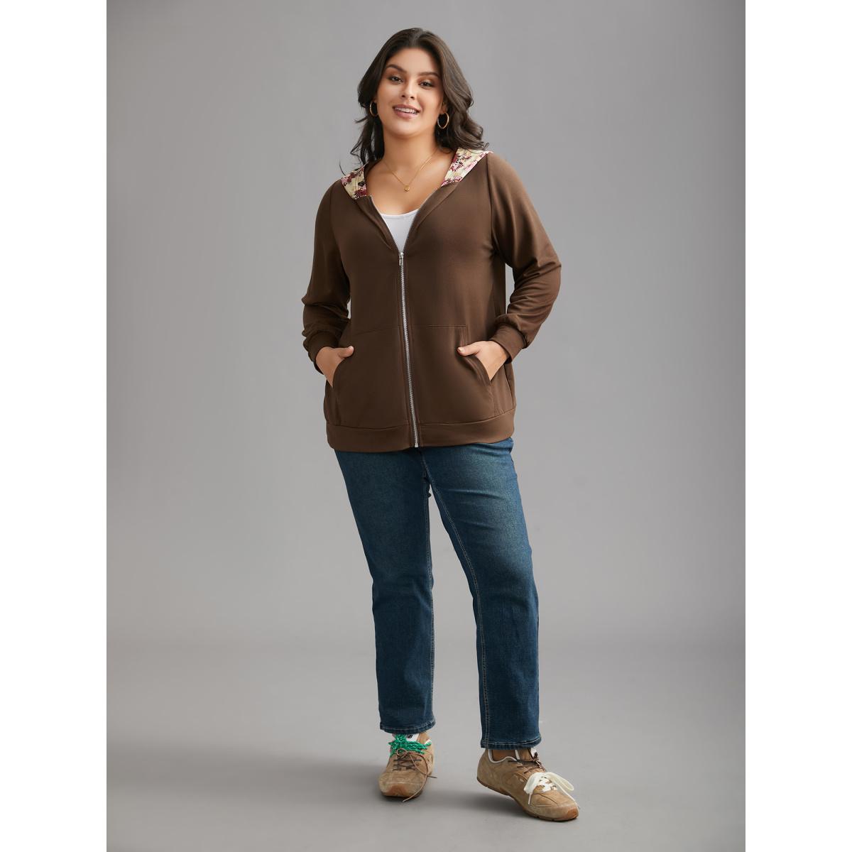 Plus Size Floral Zipper Patch Pocket Hooded Sweatshirt Women Browncoffeecolor Casual Contrast Loose Hooded Everyday Sweatshirts BloomChic 14-16/1X Product Image