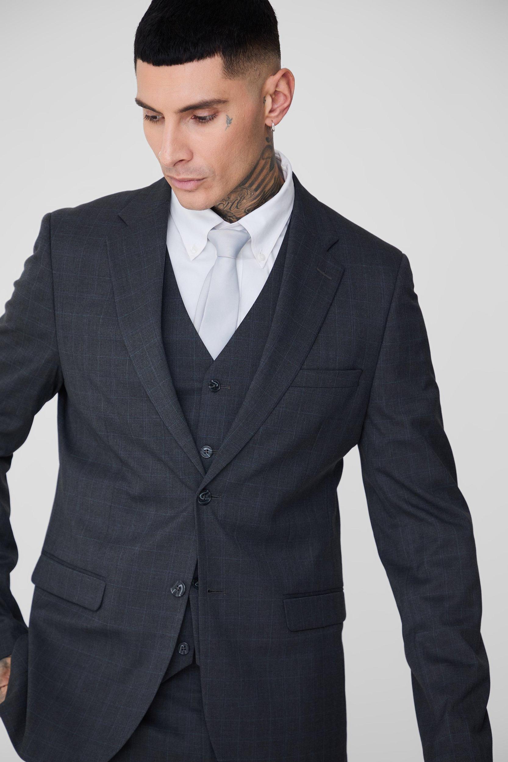 Tall Charcoal Plaid Single Breasted Slim Fit Suit Jacket | boohooMAN USA Product Image
