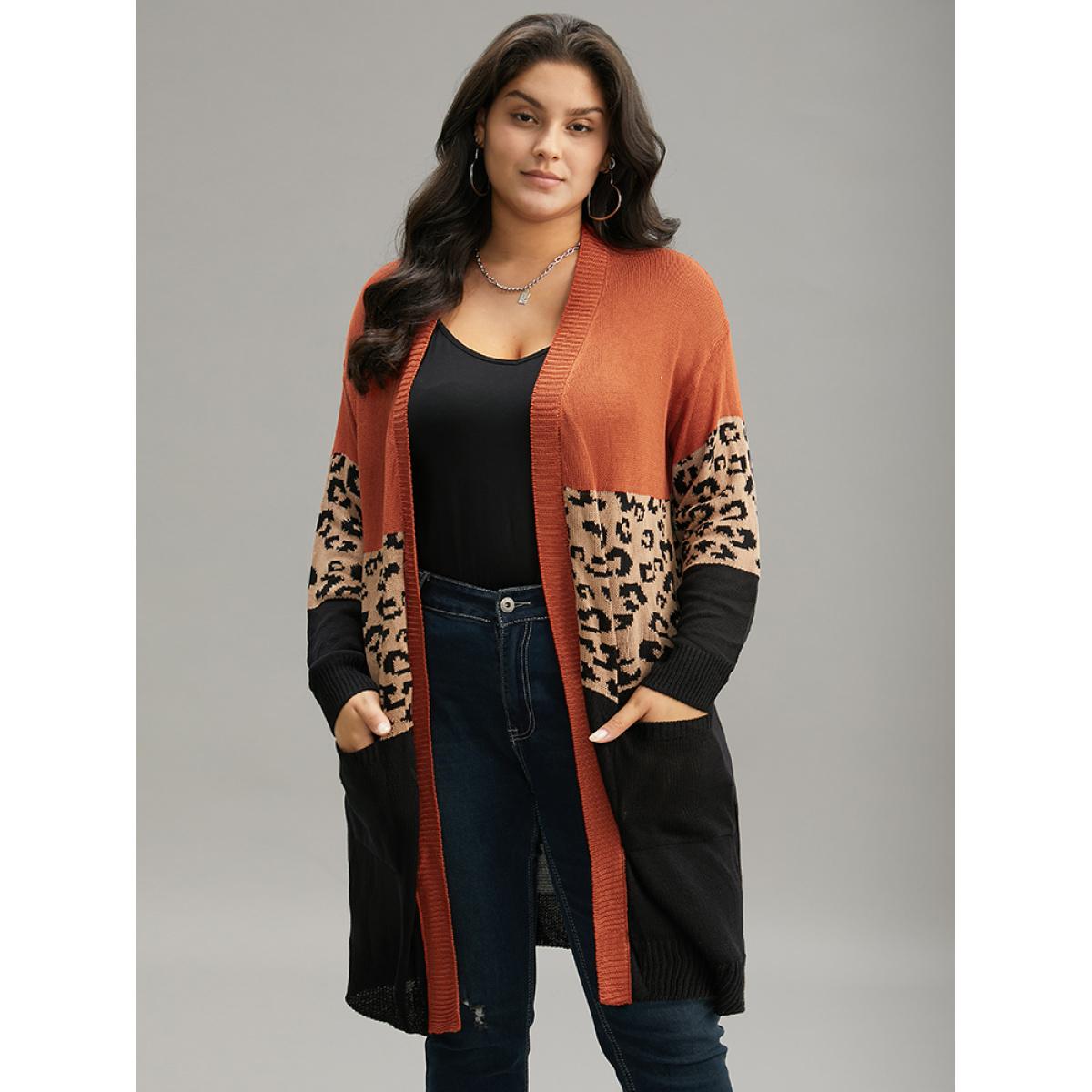 Plus Size Leopard Colorblock Patchwork Patched Pocket Cardigan Multicolor Women Casual Loose Long Sleeve Dailywear Cardigans BloomChic 28/5X Product Image