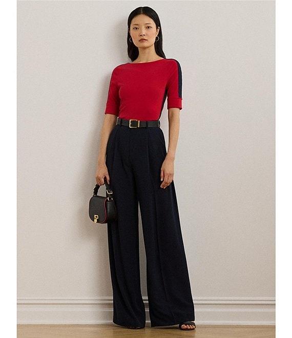 Lauren Ralph Lauren Petite Size Ribbed Knit Stretch Cotton Boat Neck Short Sleeve Two-Tone Top Product Image