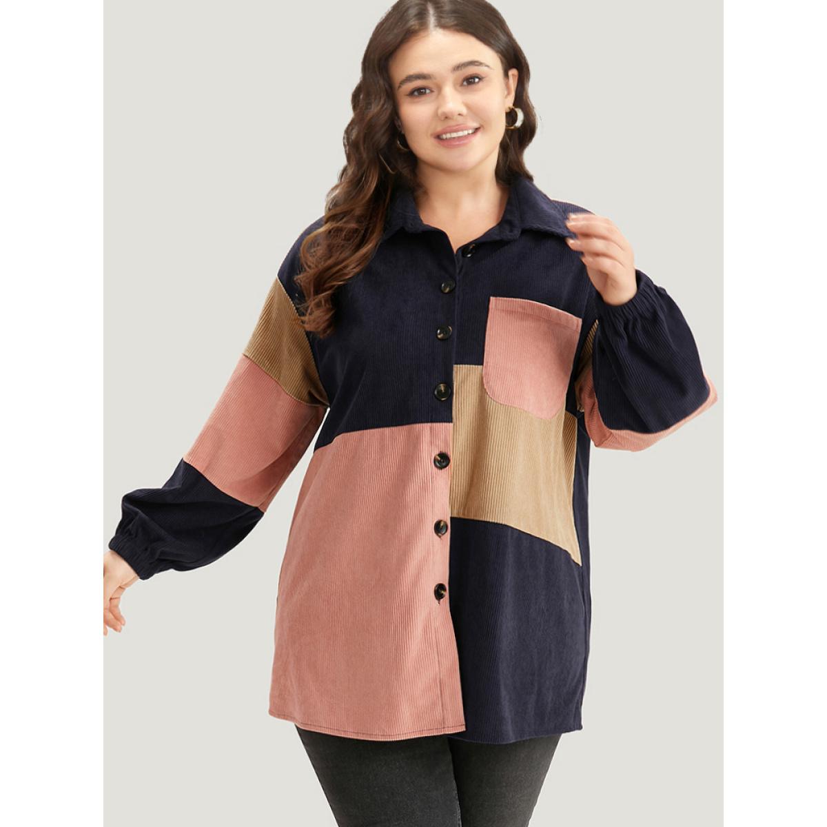 Plus Size Colorblock Contrast Patchwork Pocket Button Through Jacket Women DarkBlue Pocket Dailywear Jackets BloomChic 26/4X Product Image