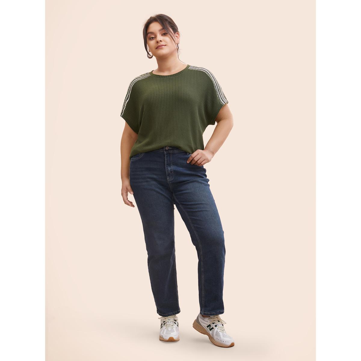 Plus Size Striped Waffle Knit Patchwork T-shirt ArmyGreen Women Casual Texture Round Neck Everyday T-shirts BloomChic 28/5X Product Image