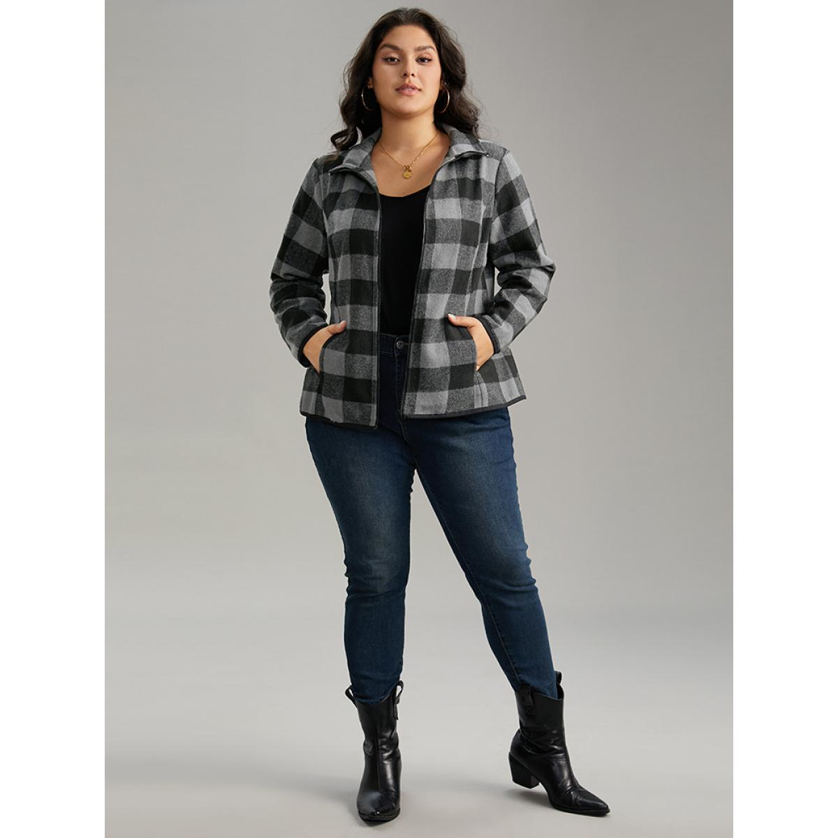 Plus Size Plaid Zipper Pocket Contrast Jacket Women DimGray Contrast Pocket Dailywear Jackets BloomChic 18-20/2X Product Image