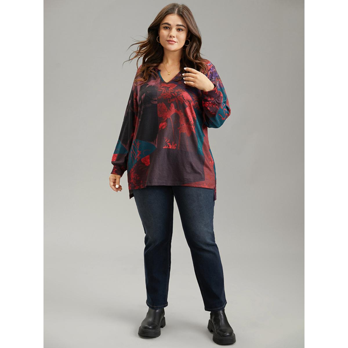 Plus Size Floral Print Contrast Notched Sweatshirt Women Multicolor Casual Printed Notched collar Dailywear Sweatshirts BloomChic 26/4X Product Image