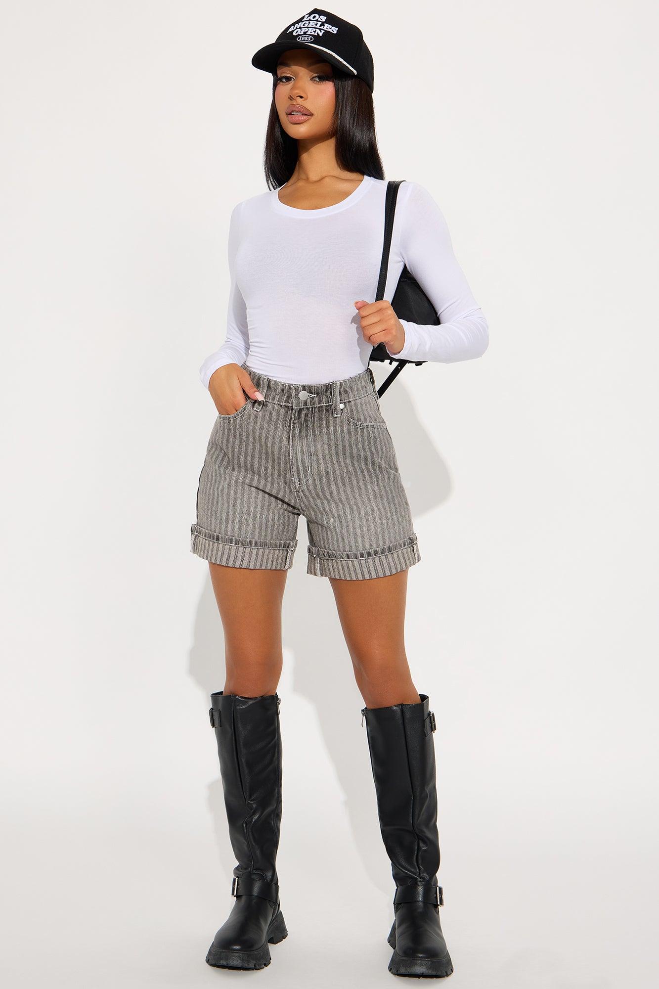 Catch Up Stripe Cuffed Denim Shorts - Grey Product Image