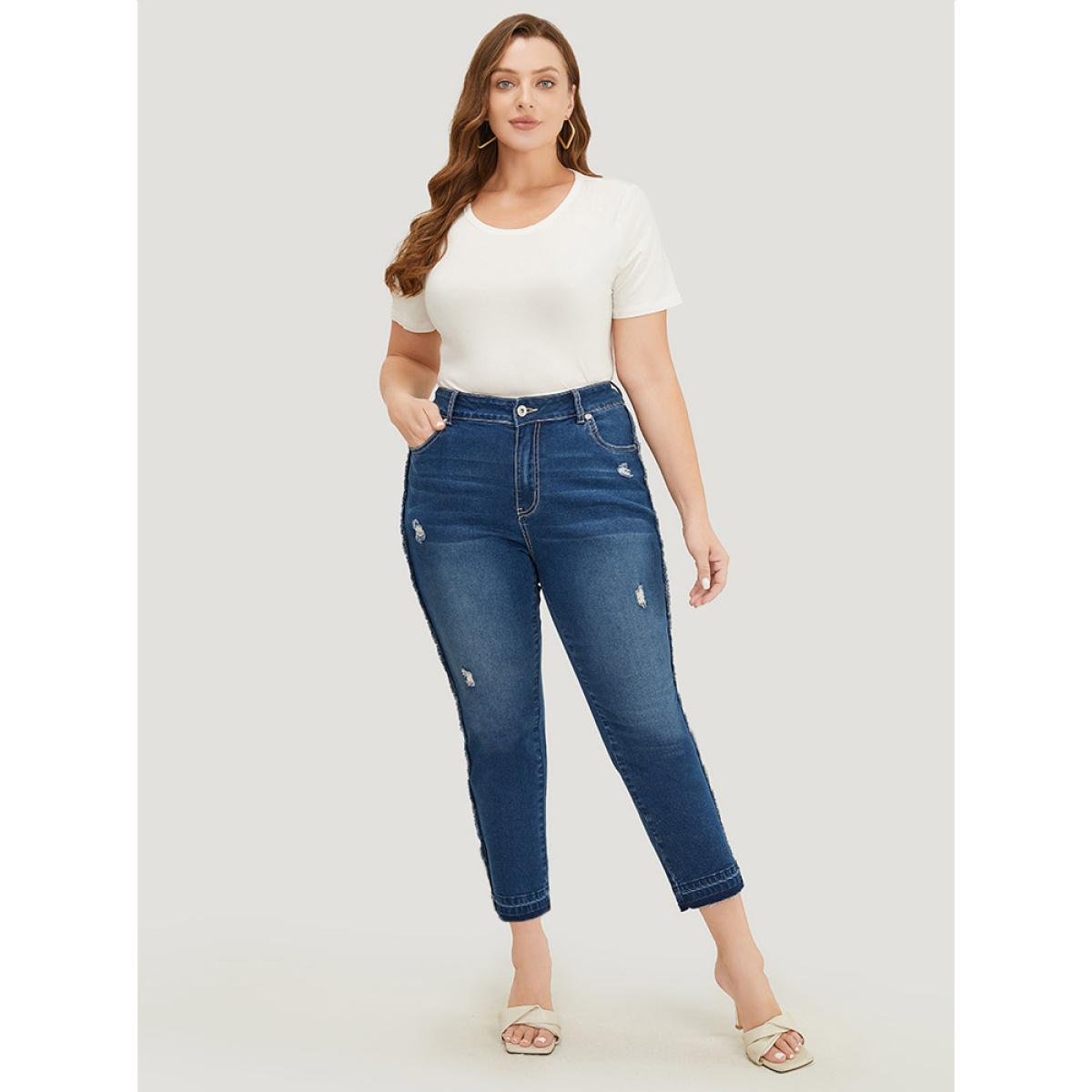 Plus Size Very Stretchy High Rise Medium Wash Raw Trim Jeans Women Blue Casual Plain Distressed High stretch Jeans BloomChic 30/6X Product Image