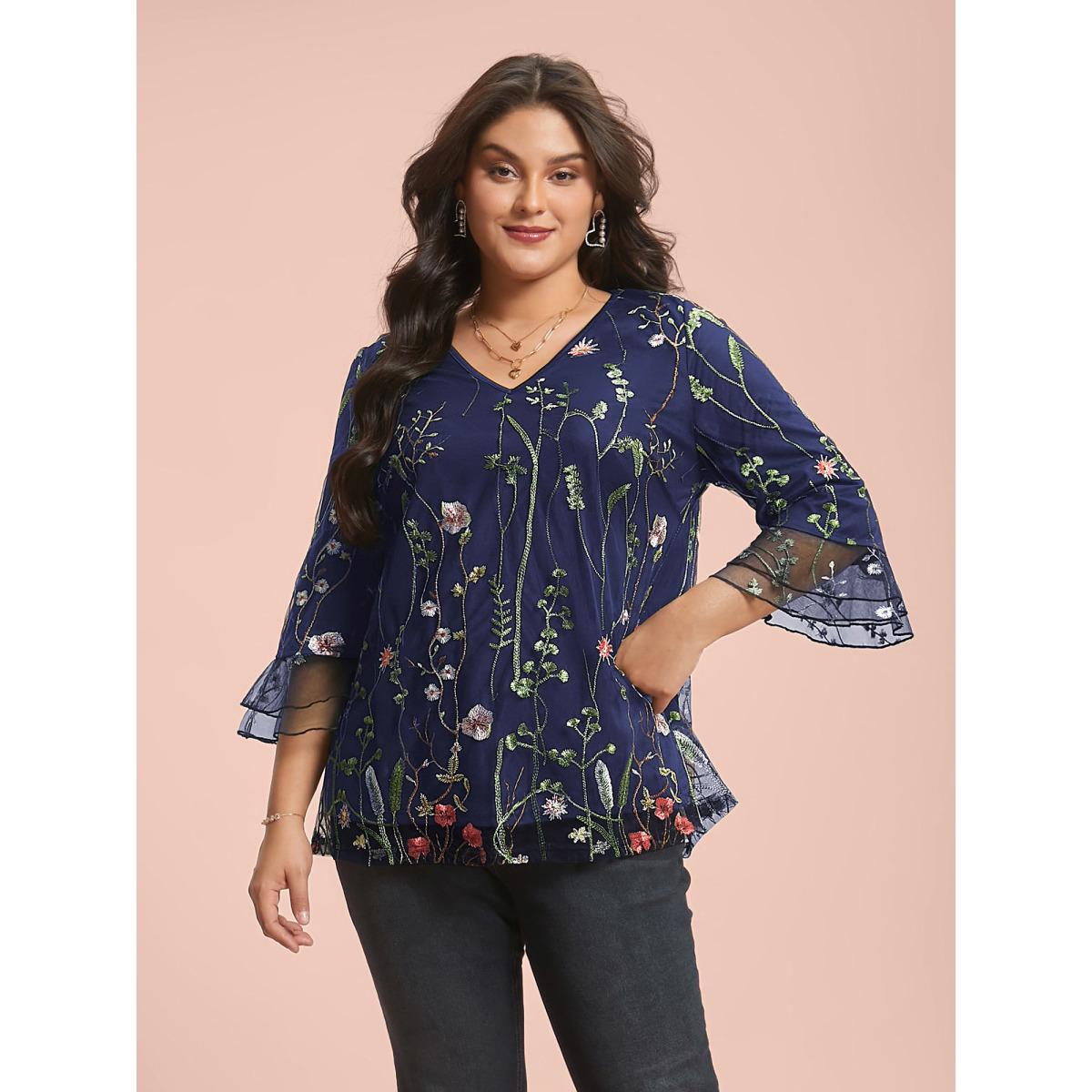 Plus Size Indigo Embroidered Mesh Lotus Leaf Sleeve Blouse Women Romantic Elbow-length sleeve V-neck Elegant Blouses BloomChic 22-24/3X Product Image
