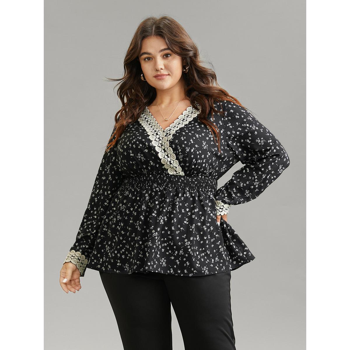 Plus Size Black Ditsy Floral Wrap Shirred Lace Patchwork Blouse Women Elegant Long Sleeve Overlap Collar Vacation Blouses BloomChic 14-16/1X Product Image