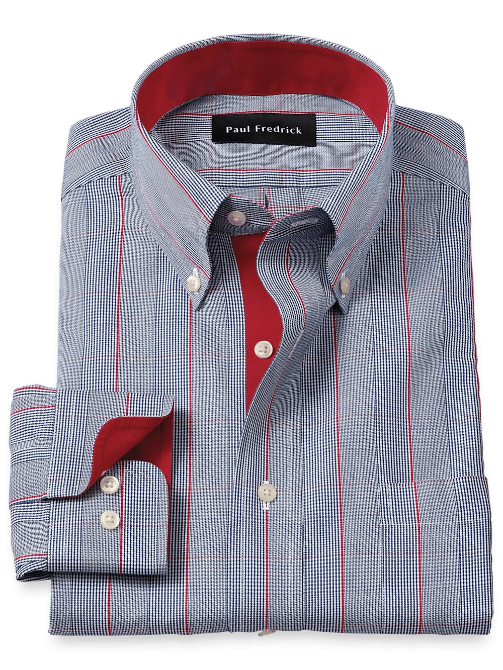 Non-Iron Cotton Glen Plaid Dress Shirt With Contrast Trim - Navy/red Product Image