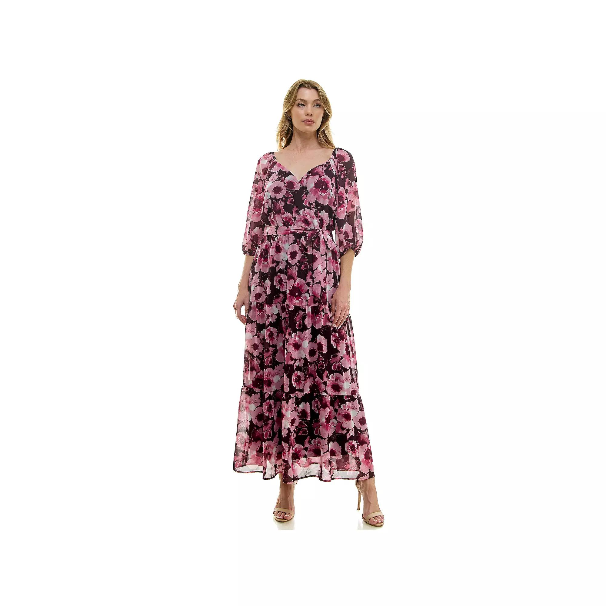 Women's Luxology Elbow Sleeve Tiered Maxi Dress, Size: XL, Wine Mauve Ivory Product Image